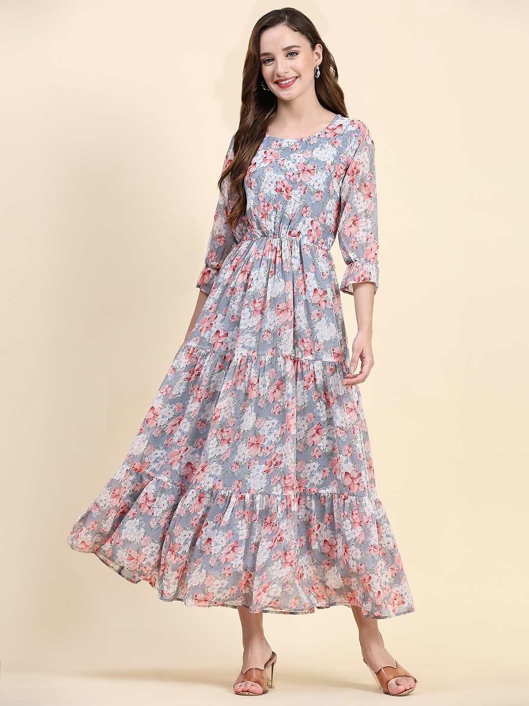 KALINI Floral Printed Bell Sleeves Gathered Fit and Flare Dress, Grey