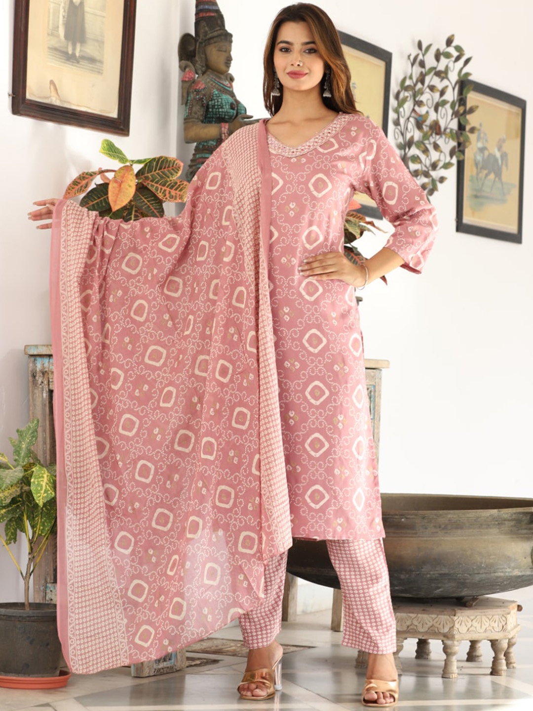 

KALINI Printed Regular Kurta with Trousers & Dupatta, Pink