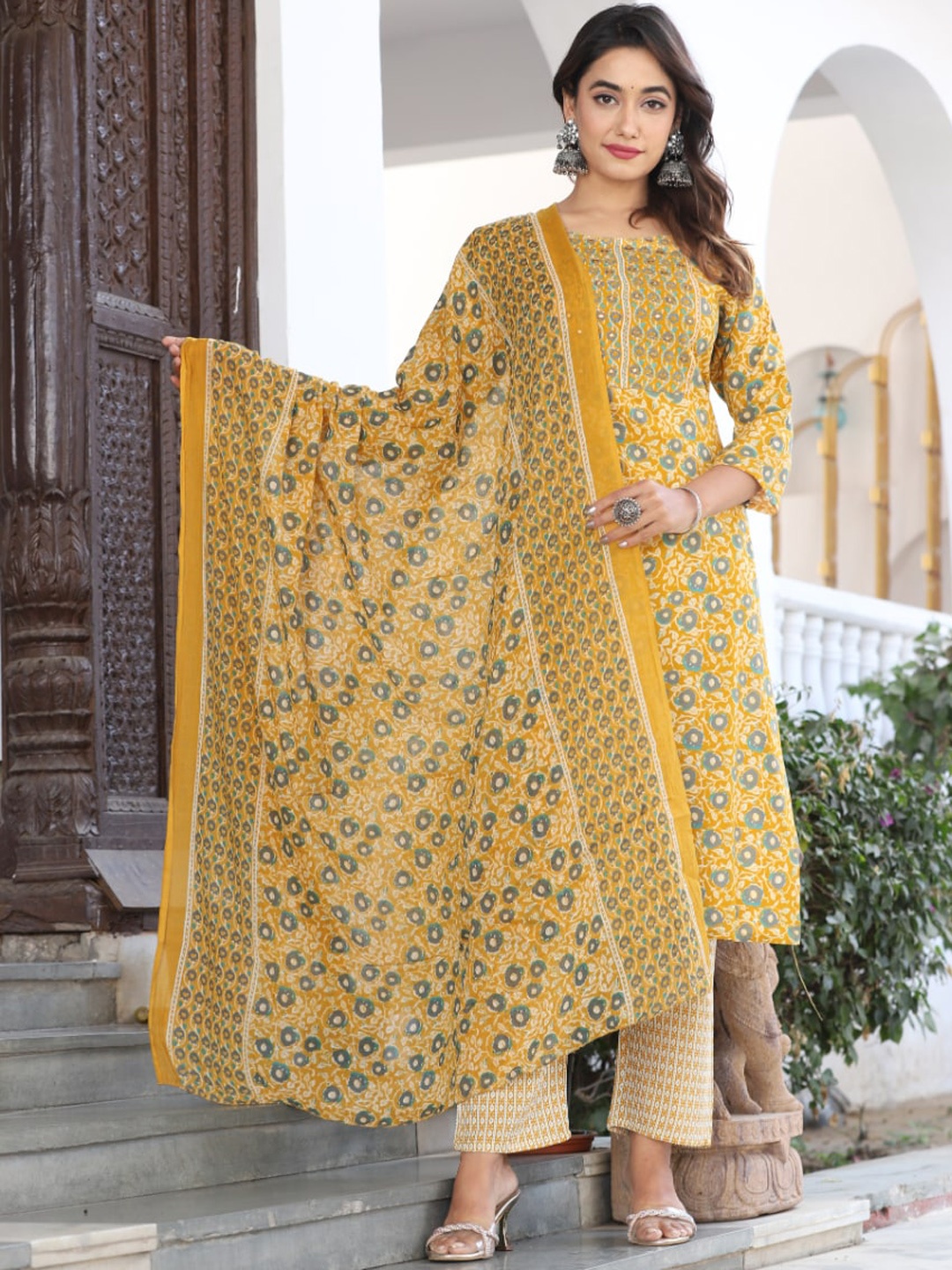 

KALINI Floral Printed Regular Kurta with Trousers & Dupatta, Yellow