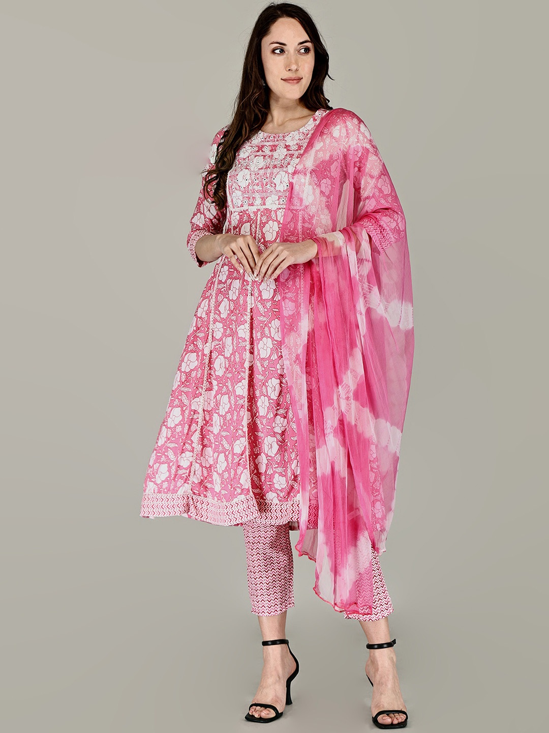 

Subh LAXMI Floral Embroidered Mirror Work A-Line Kurta with Trousers & With Dupatta, Pink