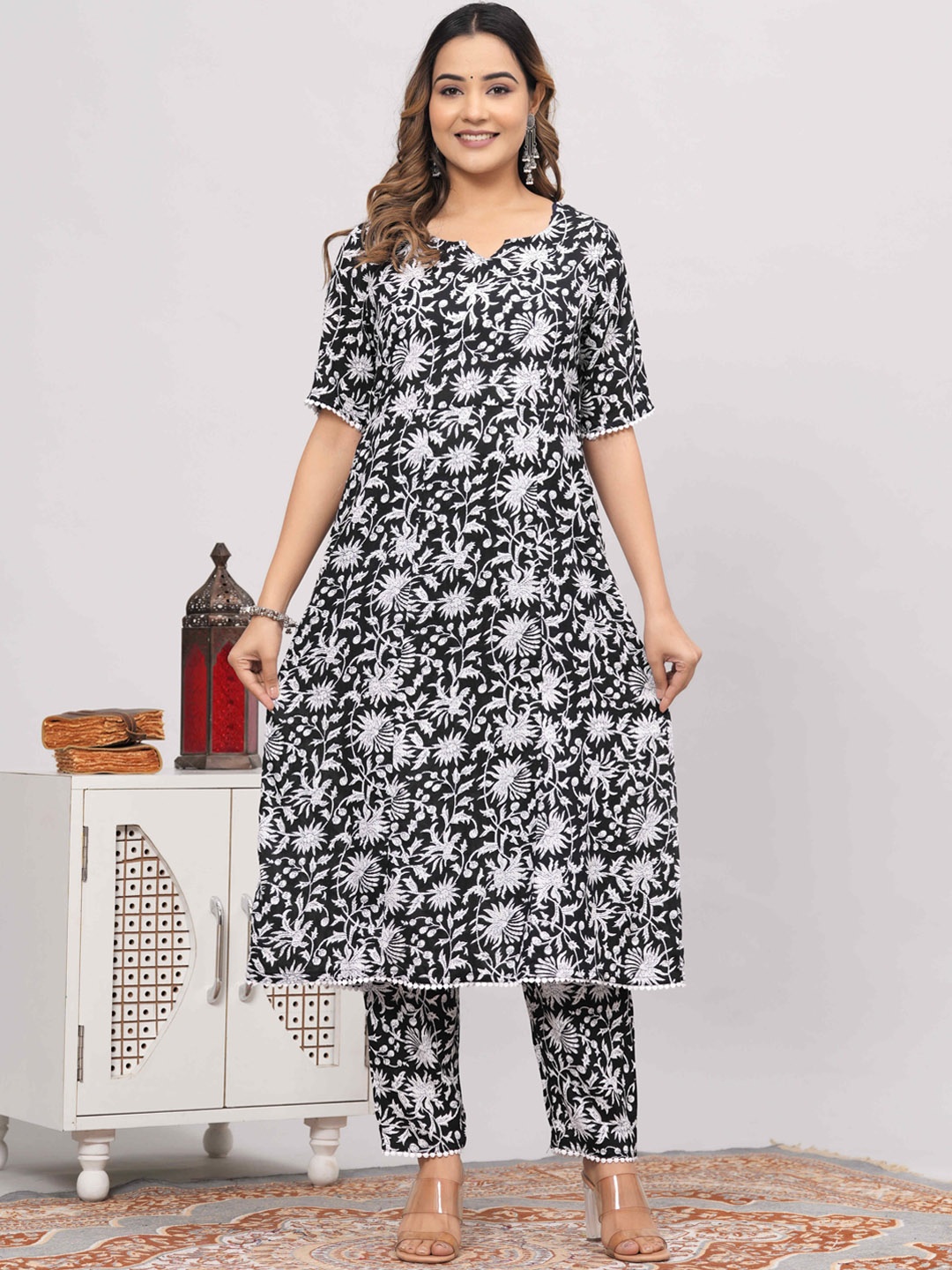 

Subh LAXMI Floral Printed A-Line Kurta with Trouser, Black