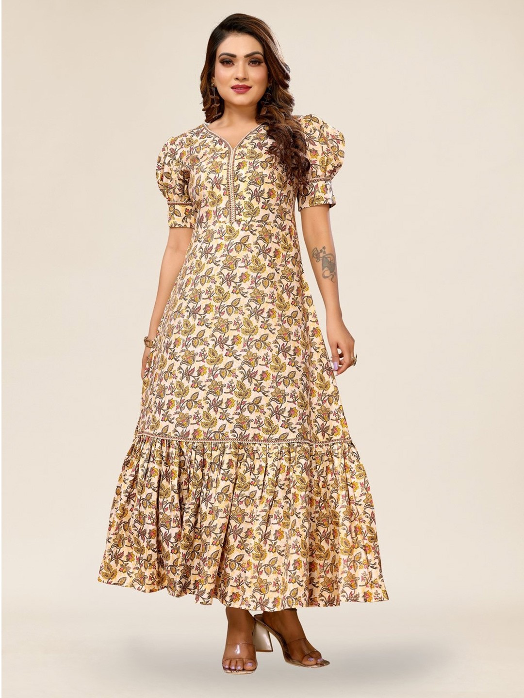 

TITANIUM SILK INDUSTRIES PVT. LTD. Cotton Floral Print Puff Sleeve Maxi Dress, Yellow