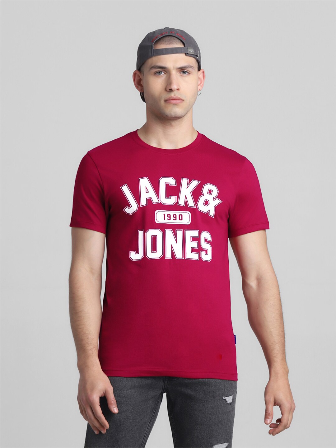 Jack & Jones Typography Printed Slim Fit Pure Cotton T-shirt, Red