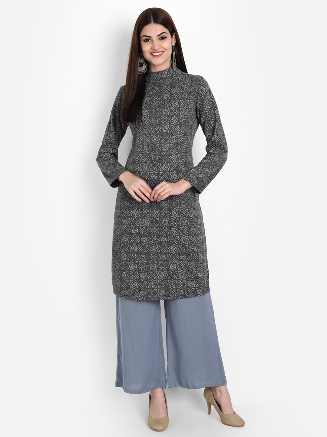 

SUTI Women Ethnic Motifs Printed Round Neck Long Sleeves Woollen Kurta, Grey
