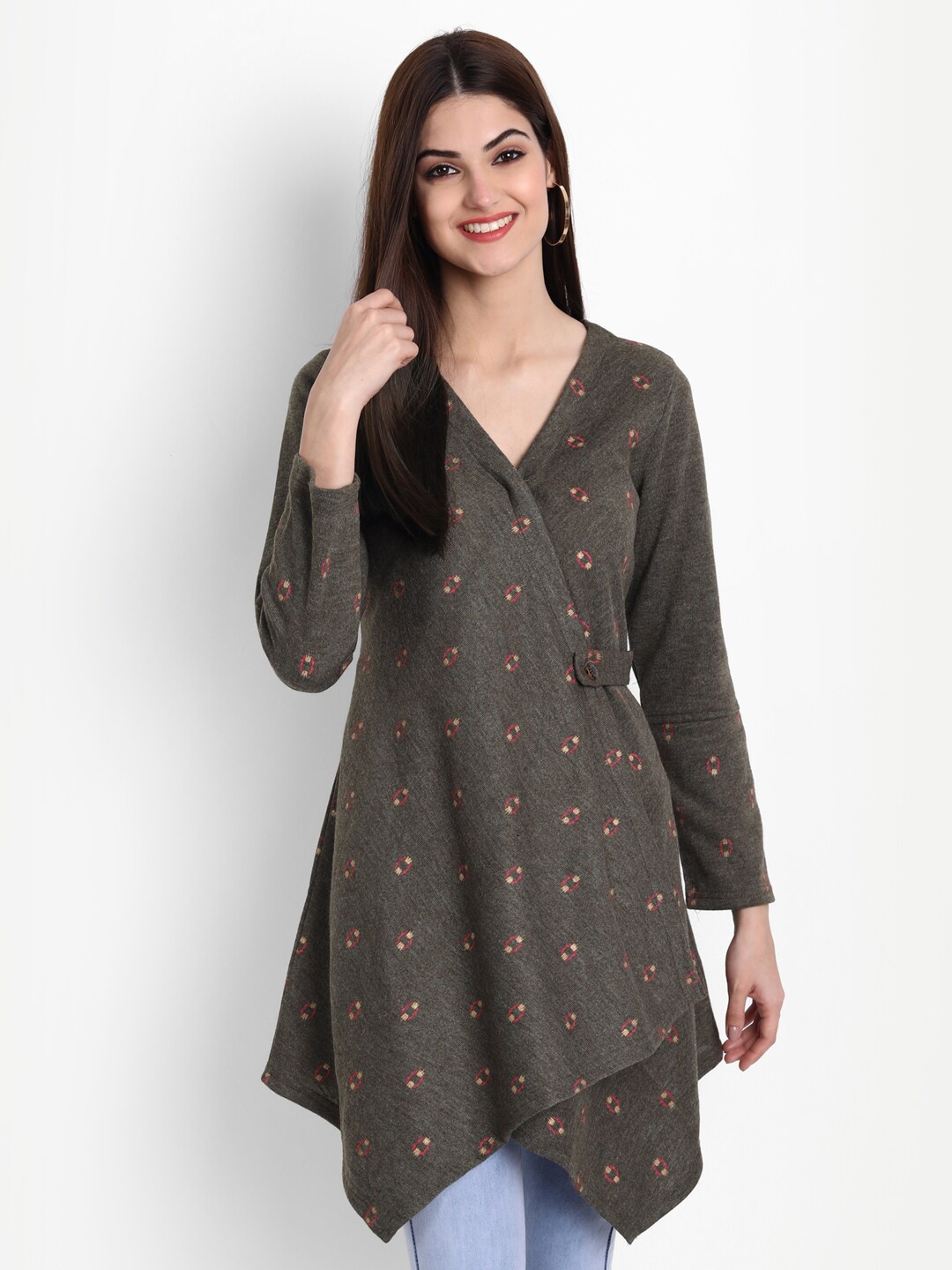 

SUTI Ethnic Motifs Printed Woollen Tunic, Grey