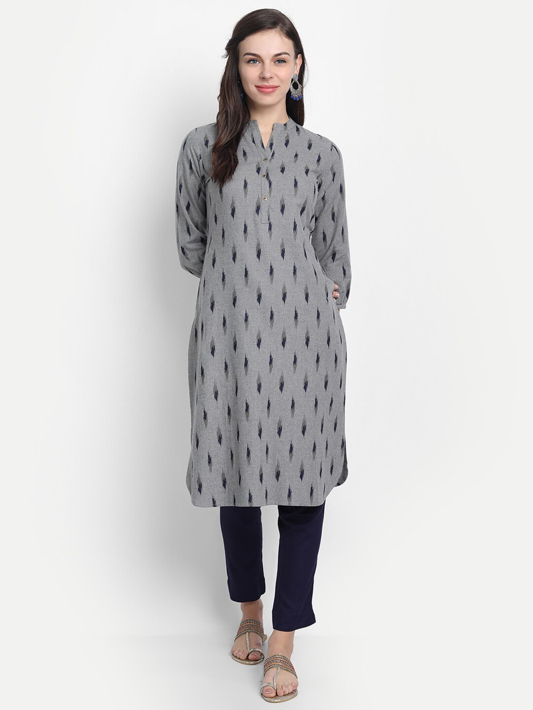

SUTI Ethnic Motifs Printed Mandarin Collar Three-Quarter Sleeves Cotton Kurta, Grey