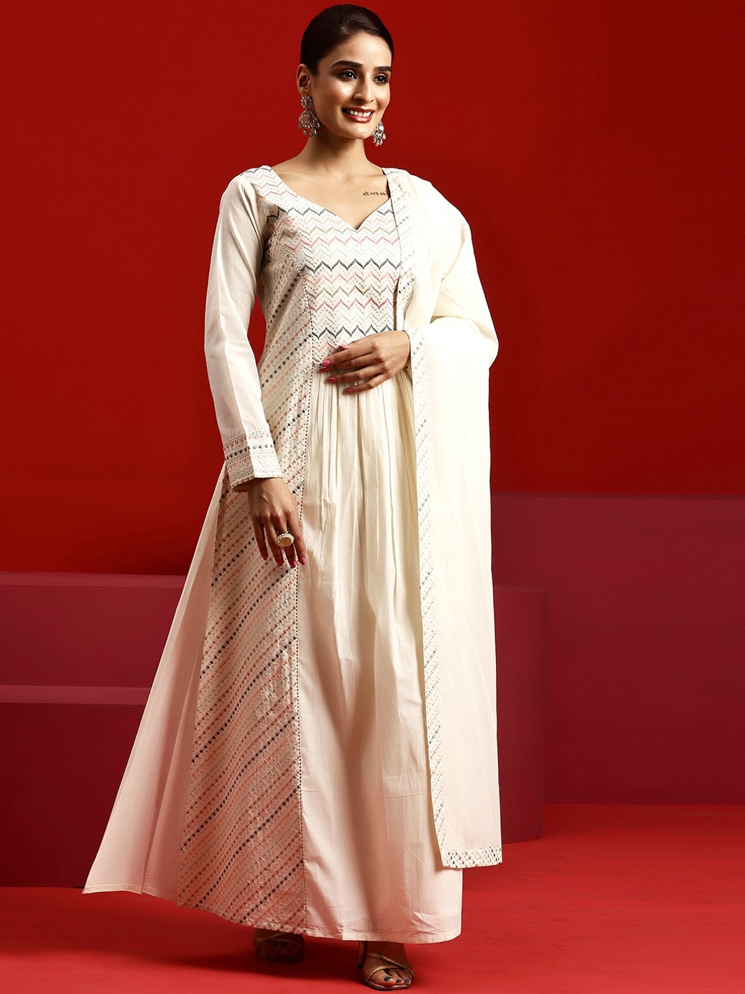 

Libas Art Embroidered Gotta Patti Panelled A-Line Cotton Kurta With Trouser & Dupatta, Off white