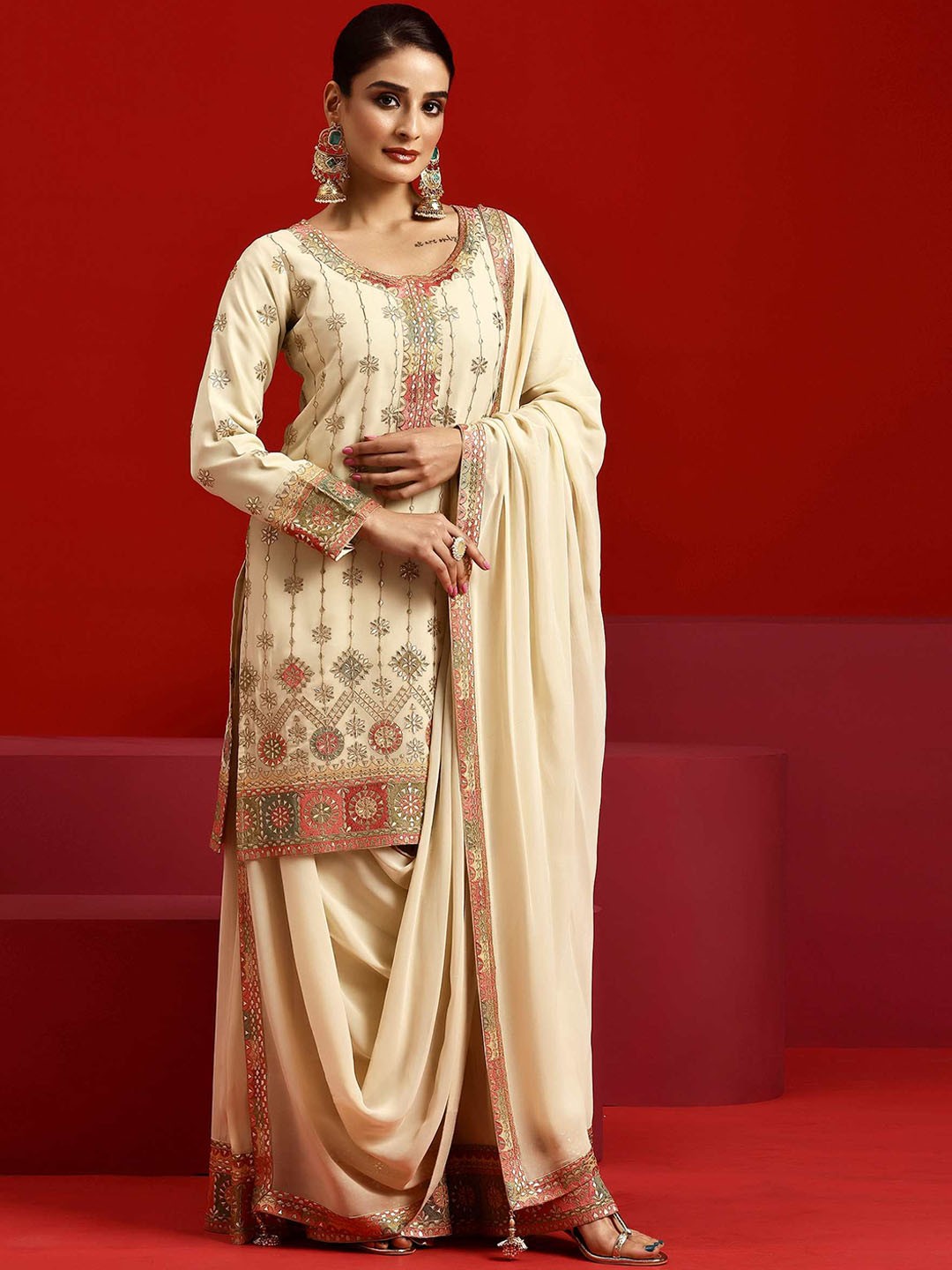 

Libas Art Ethnic Motifs Zari Embroidered Georgette Straight Kurta With Palazzos & Dupatta, Beige