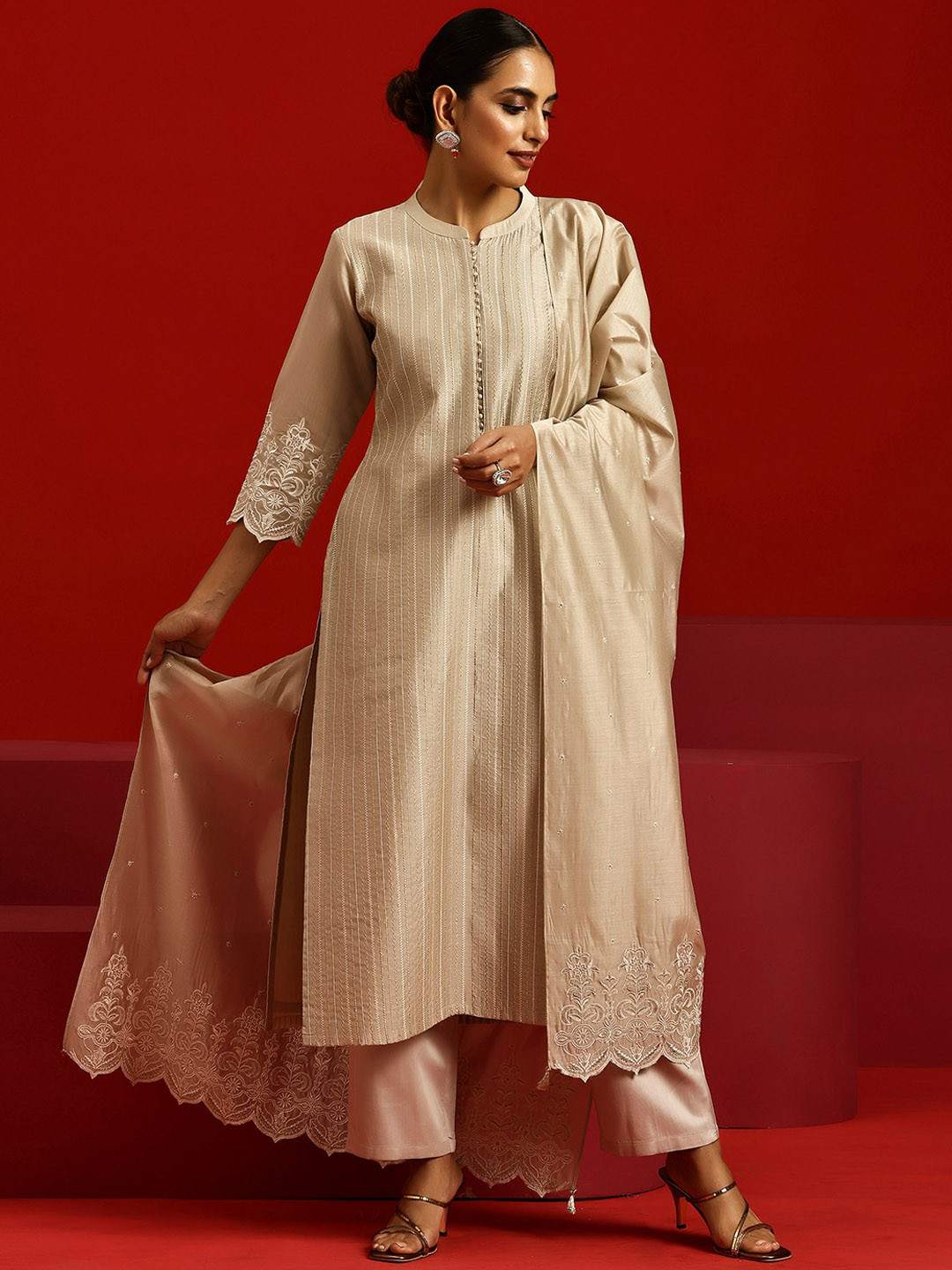 

Libas Art Striped Embroidered Kurta With Trousers & Dupatta, Beige