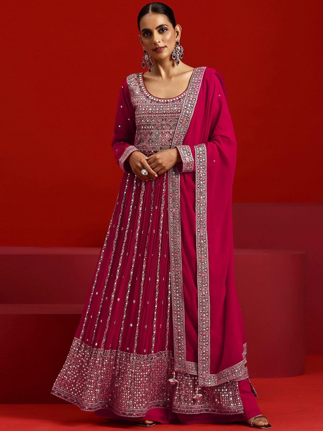 

Libas Art Ethnic Motifs Embroidered Kurta With Palazzos & Dupatta, Pink