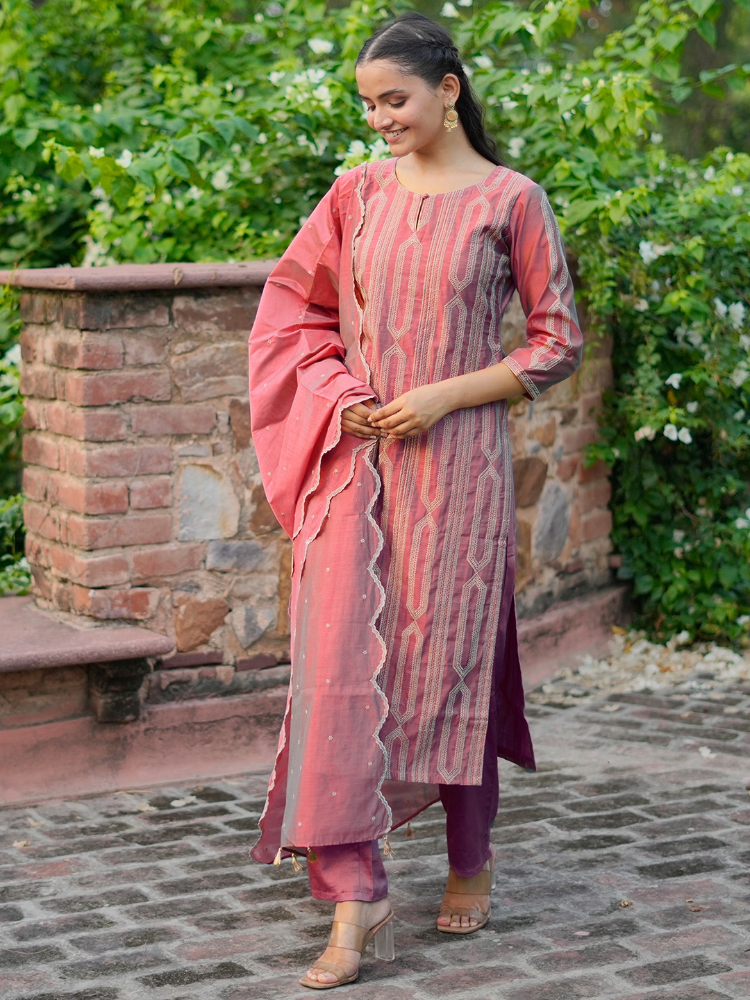

Libas Art Geometric Embroidered Round Neck Straight Kurta with Trousers & Dupatta, Pink