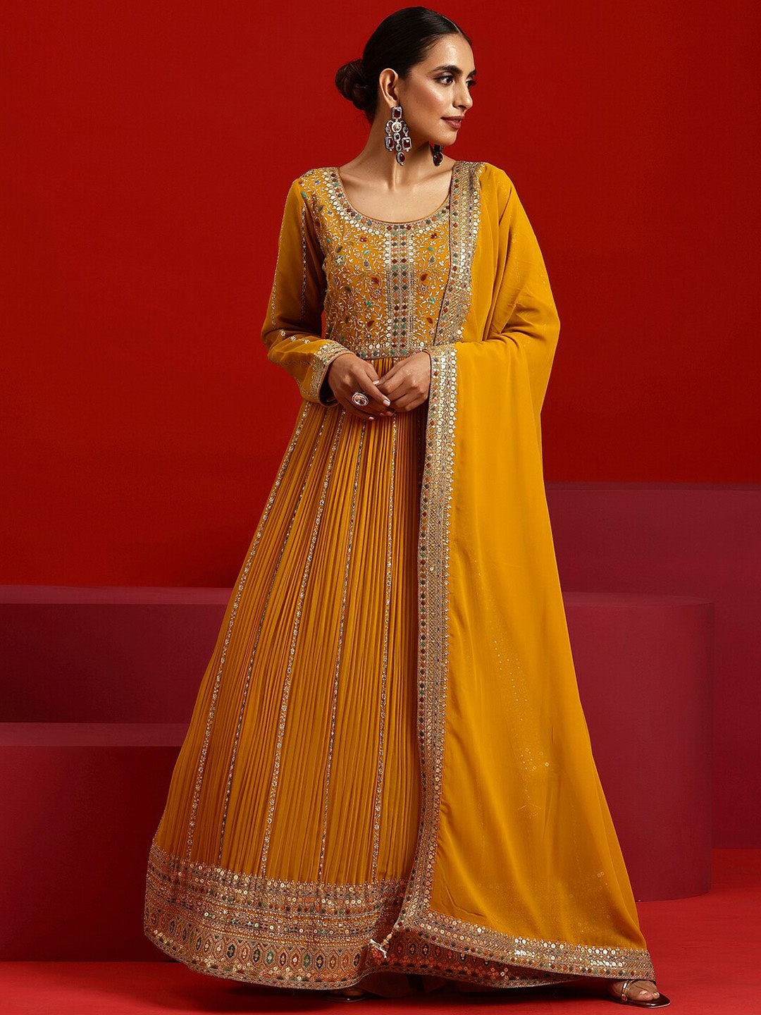 

Libas Art Ethnic Motifs Embroidered Round Neck Empire Kurta with Palazzos & Dupatta, Yellow