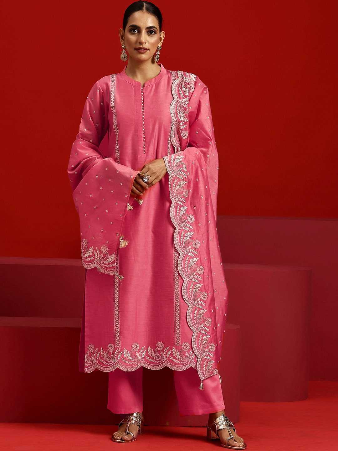 

Libas Art Floral Embroidered Mandarin Collar Straight Kurta with Trousers & Dupatta, Coral