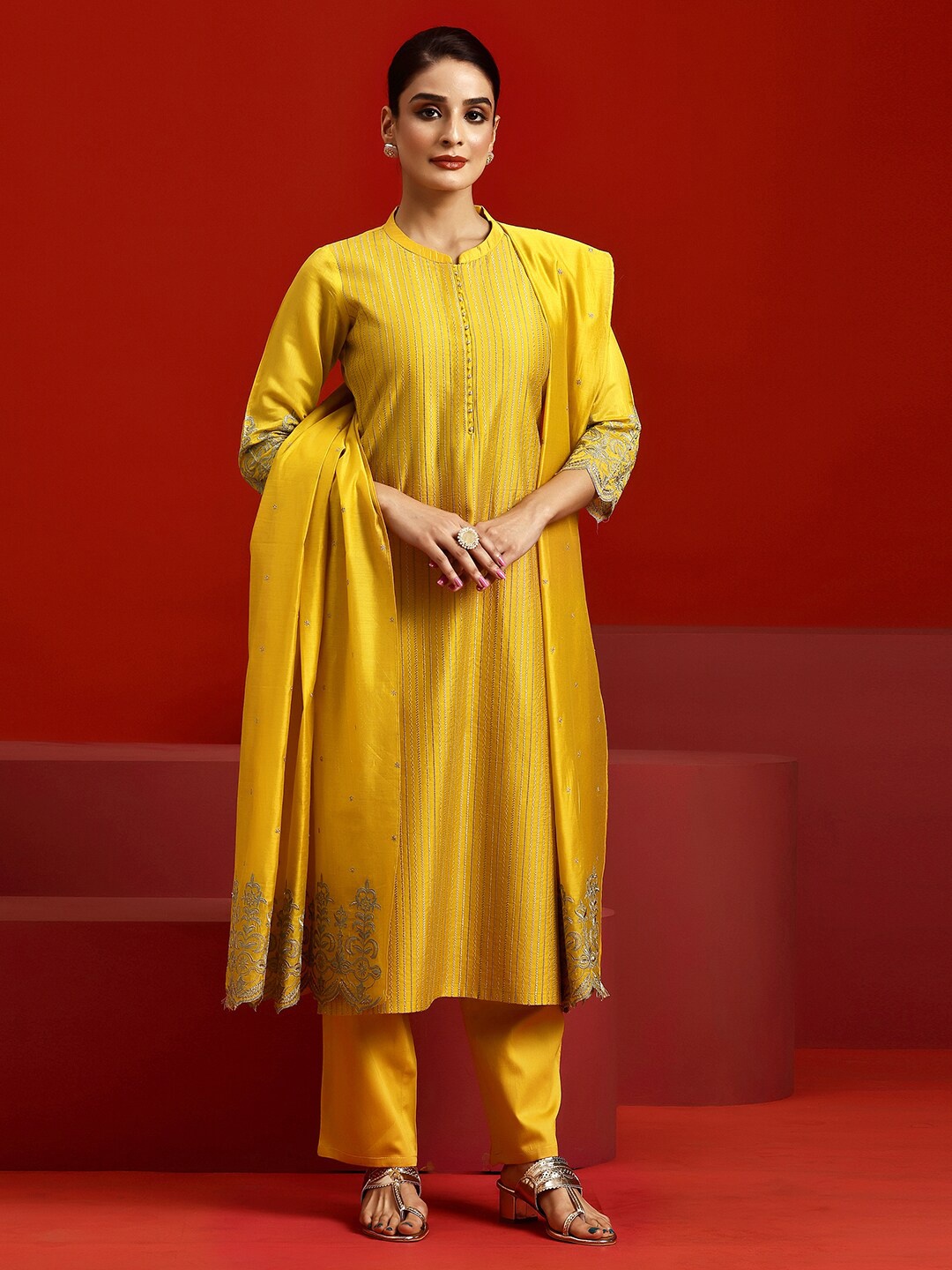 

Libas Art Ethnic Motifs Embroidered Mandarin Collar Straight Kurta with Trousers & Dupatta, Yellow