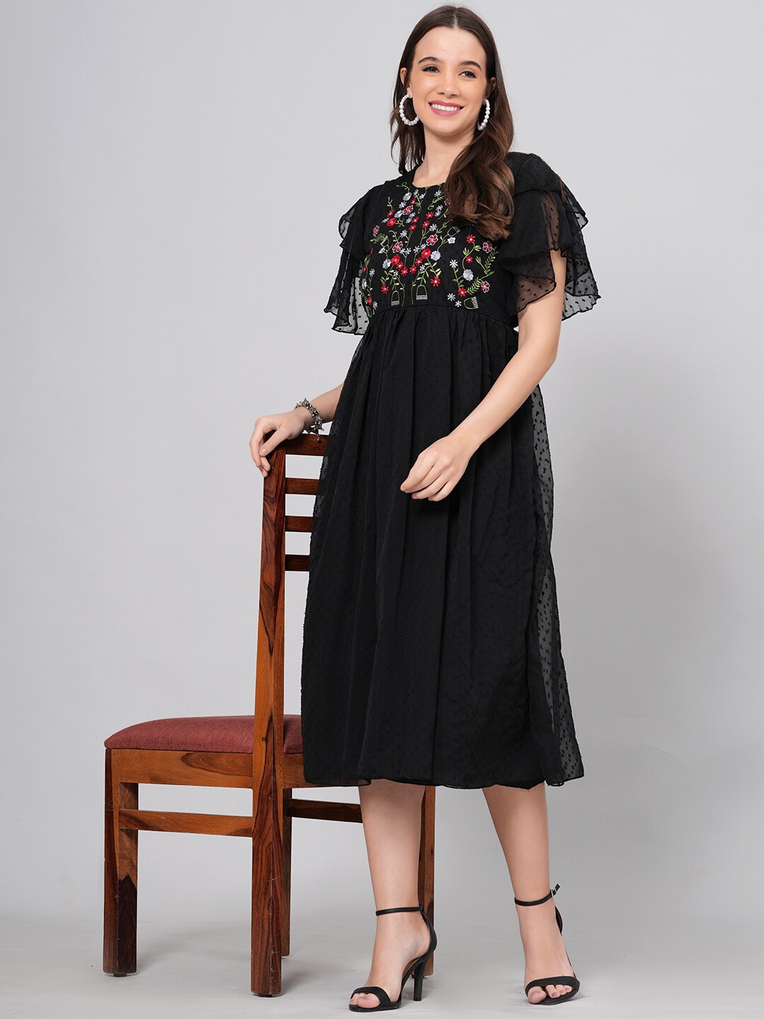 

HIGHLIGHT FASHION EXPORT Floral Embroidered Flared Sleeves Dobby Fit & Flare Midi Dress, Black