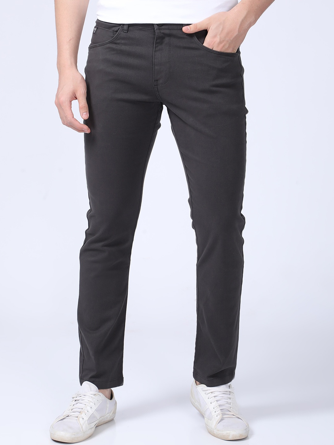 

POE Men Smart Slim Fit Mid-Rise Plain Chinos Trousers, Grey