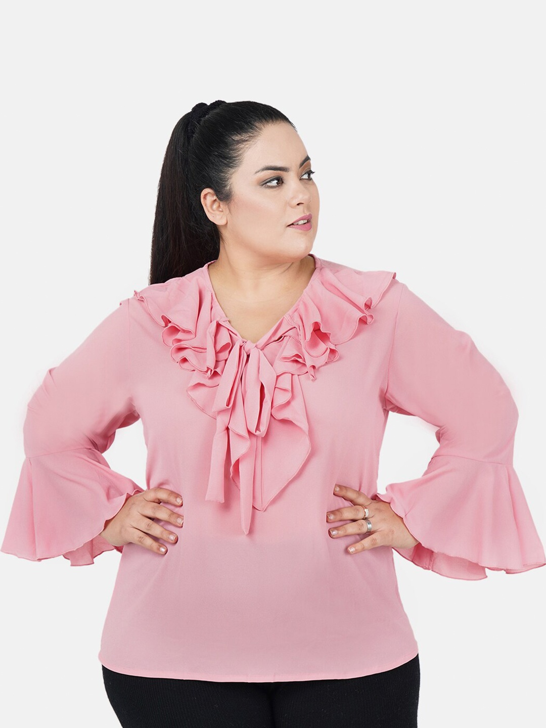 

Indietoga Women Plus Size Tie-Up Neck Bell Sleeve Ruffles Top, Pink