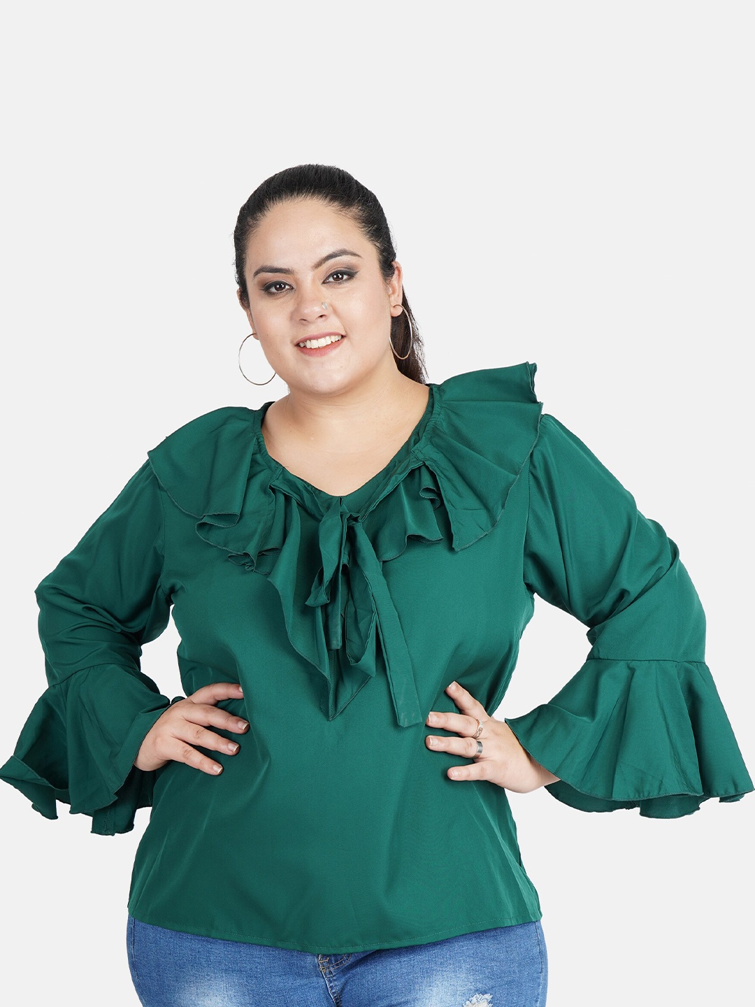 

Indietoga Plus Size Tie-Up Neck Bell Sleeve Ruffles Crepe Top, Green