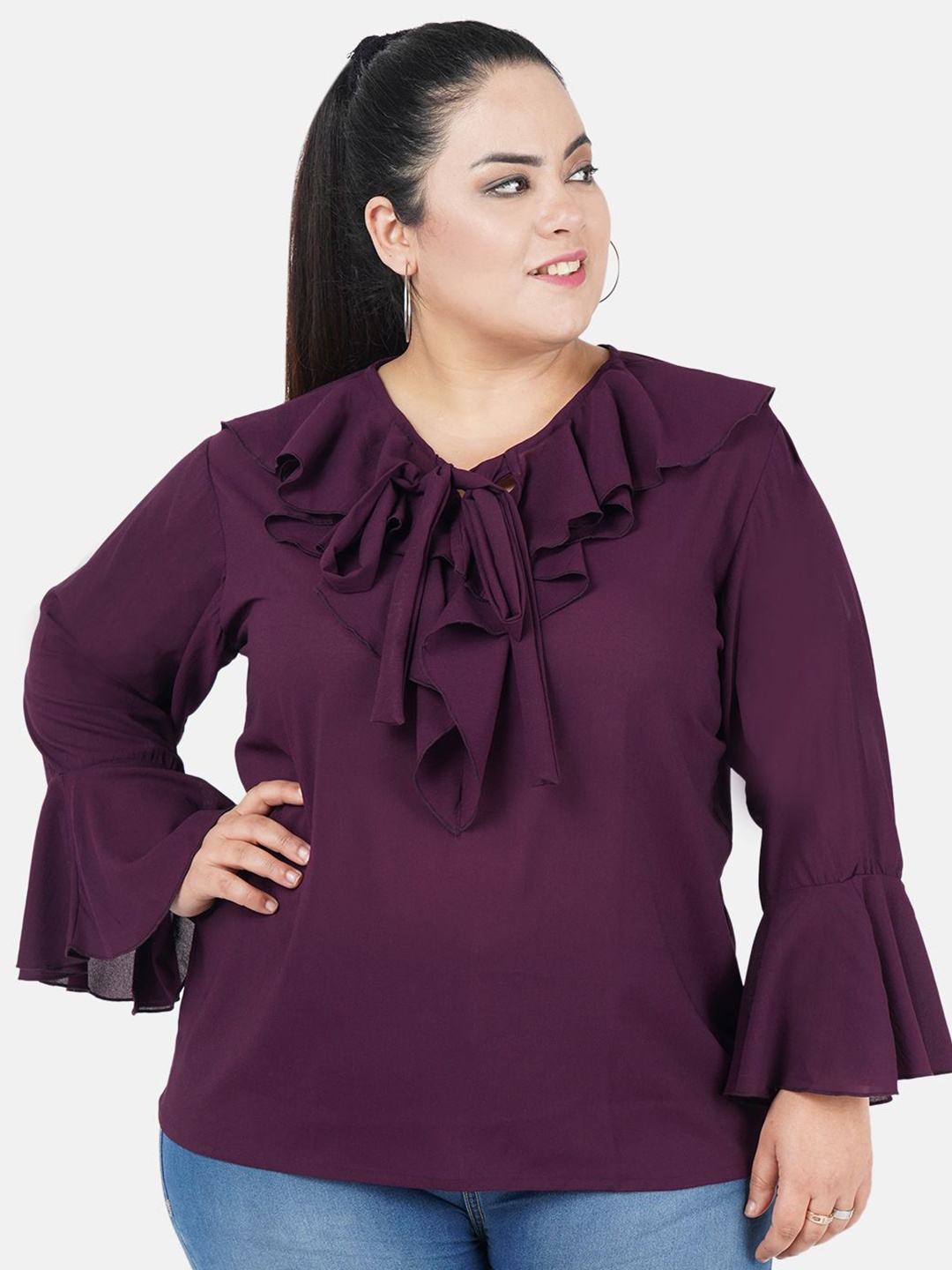 

Indietoga Plus Size Purple Tie-Up Neck Bell Sleeve Ruffles Georgette Top