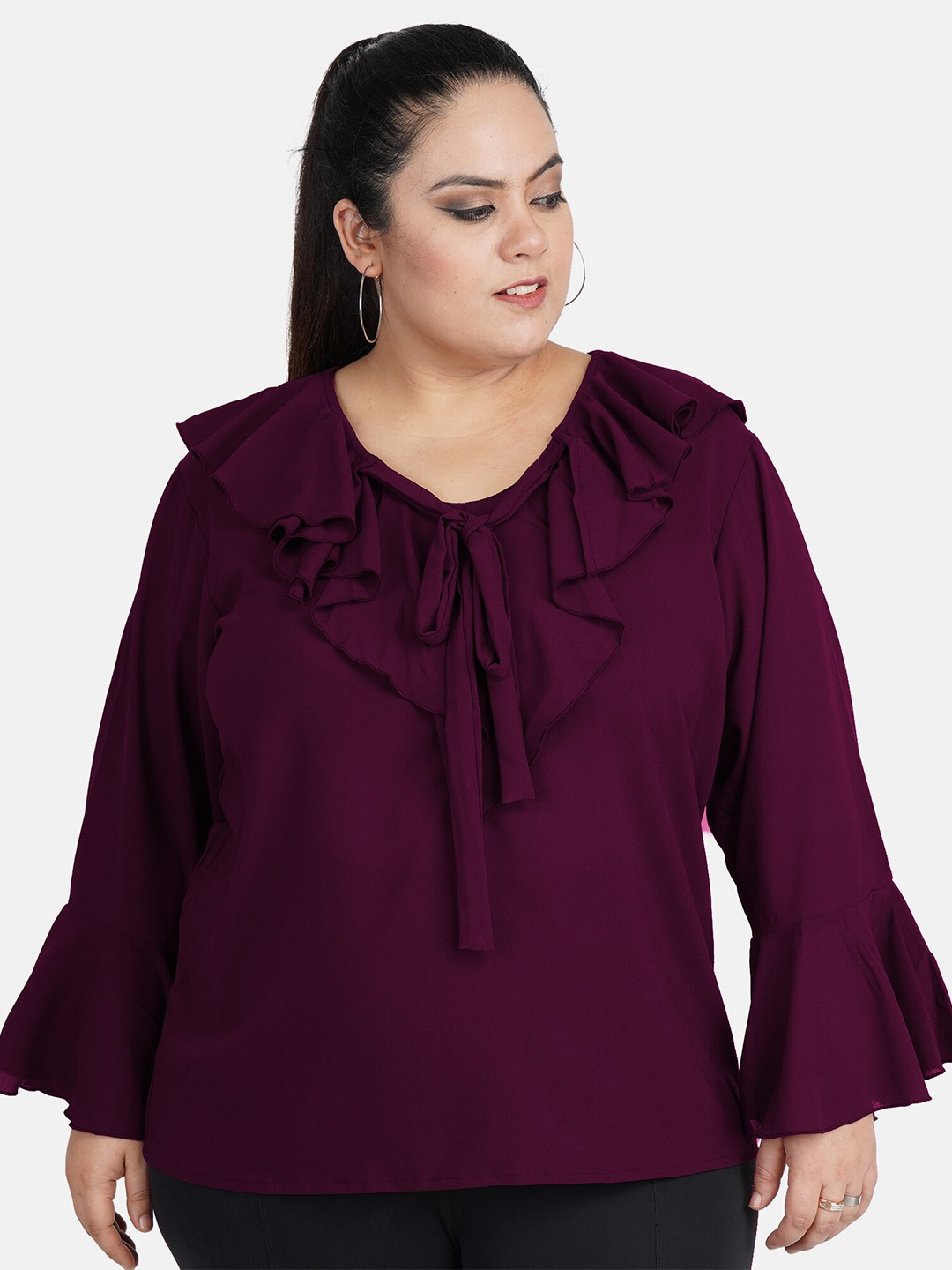 

Indietoga Women Plus Size Tie-Up Neck Bell Sleeves Ruffles Georgette Top, Maroon