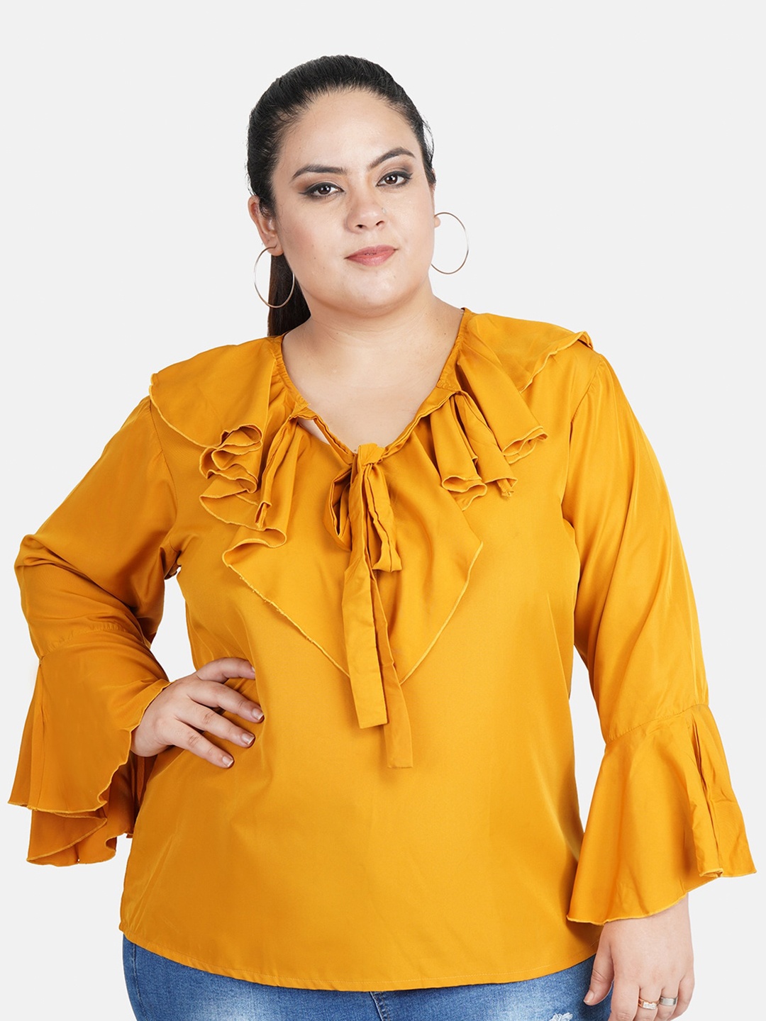 

Indietoga Women Plus Size Tie-Up Neck Bell Sleeves Ruffles Crepe Top, Yellow
