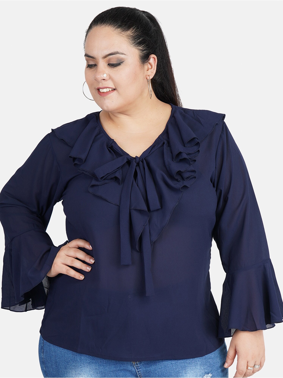

Indietoga Women's Plus Size Blue Tie-Up Neck Bell Sleeve Ruffles Georgette Top, Navy blue