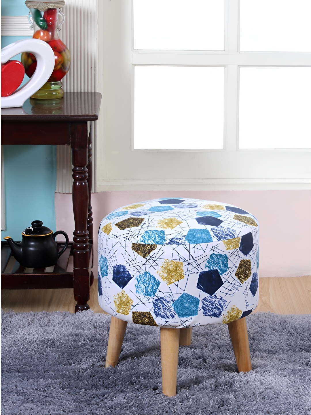 

Shadowkart White & Blue Printed Pouffes Sitting Ottoman