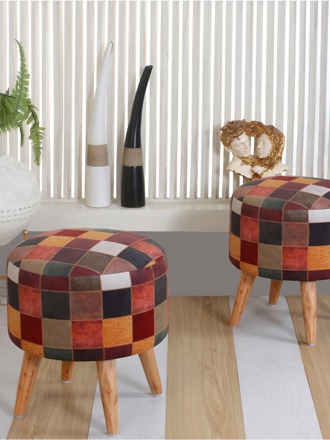 

Shadowkart Maroon & Blue Printed Wooden & Velvet Round Ottoman