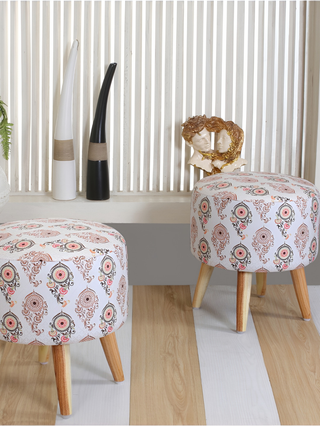 

Shadowkart White & Brown Printed Wooden & Velvet Round Ottoman