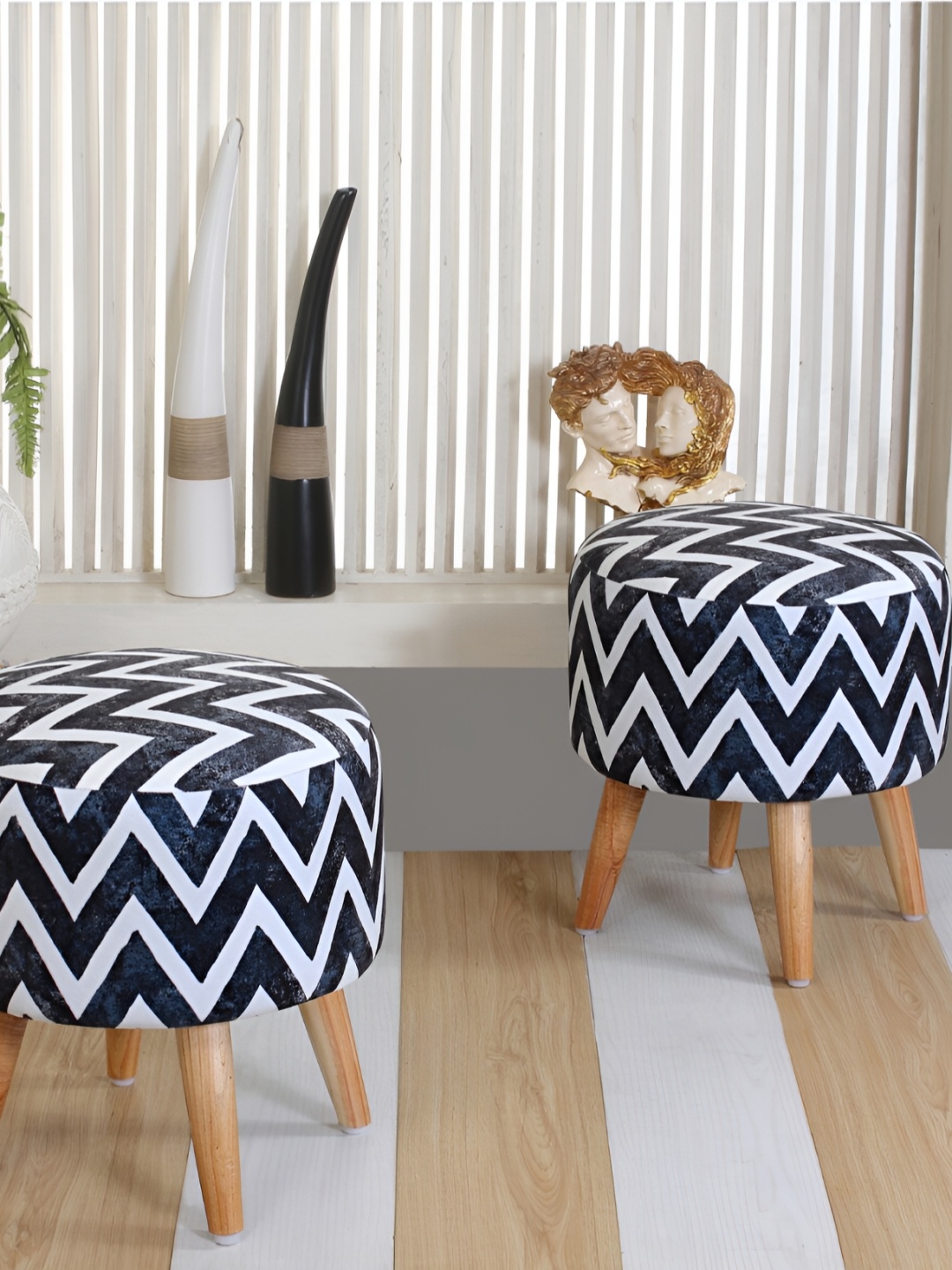 

Shadowkart Black & White Printed Wooden Pouffes Sitting Mudda Ottomans