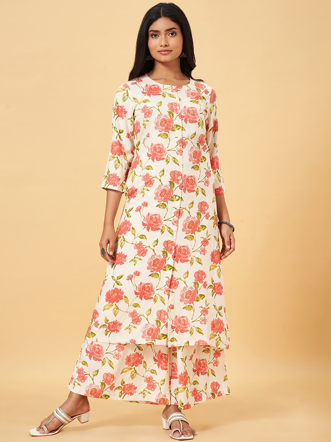 

RANGMANCH BY PANTALOONS Floral Printed A-Line Kurta, Rose
