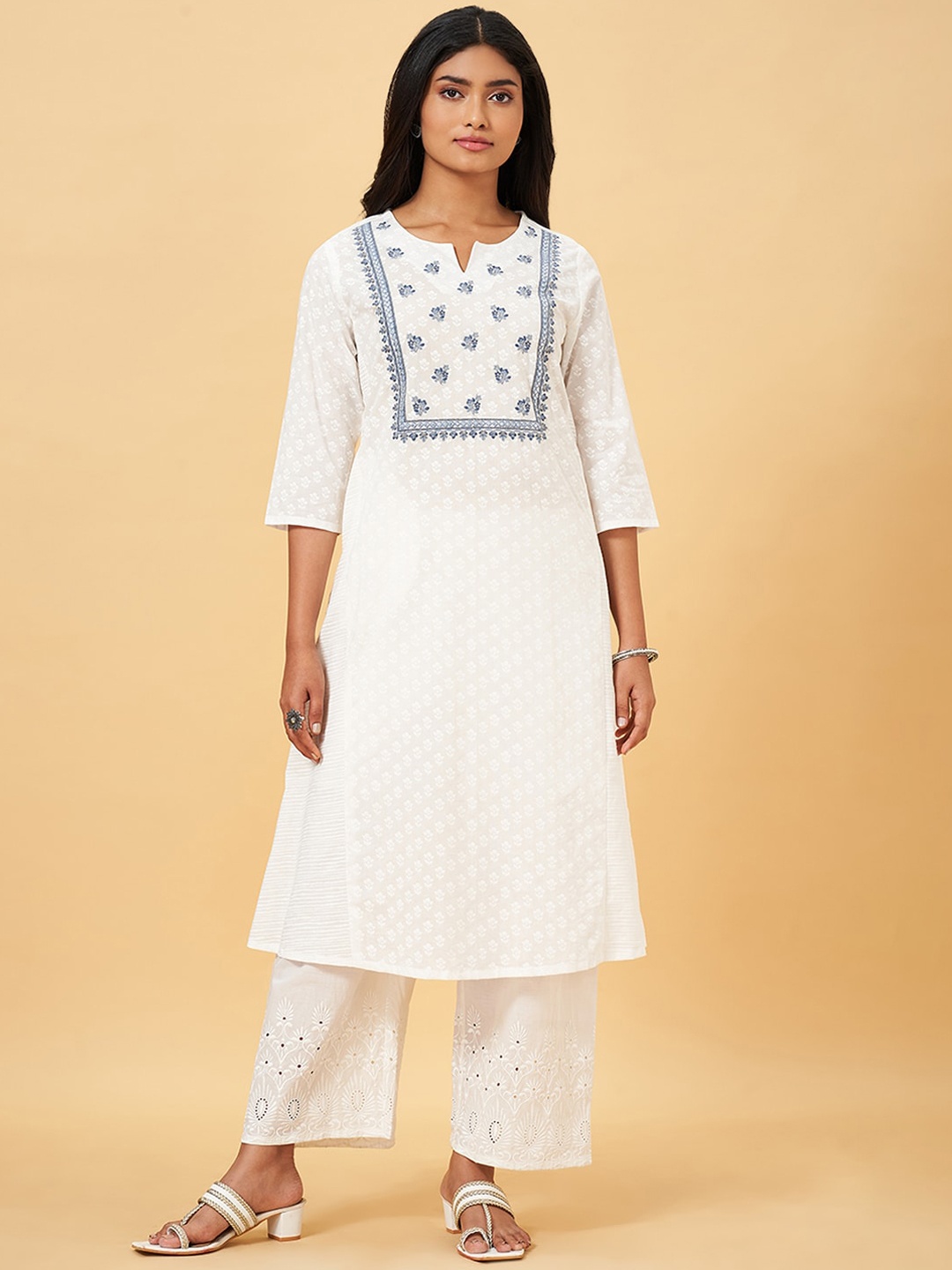 

RANGMANCH BY PANTALOONS Floral Printed Mirror Work Cotton Kurta, Off white