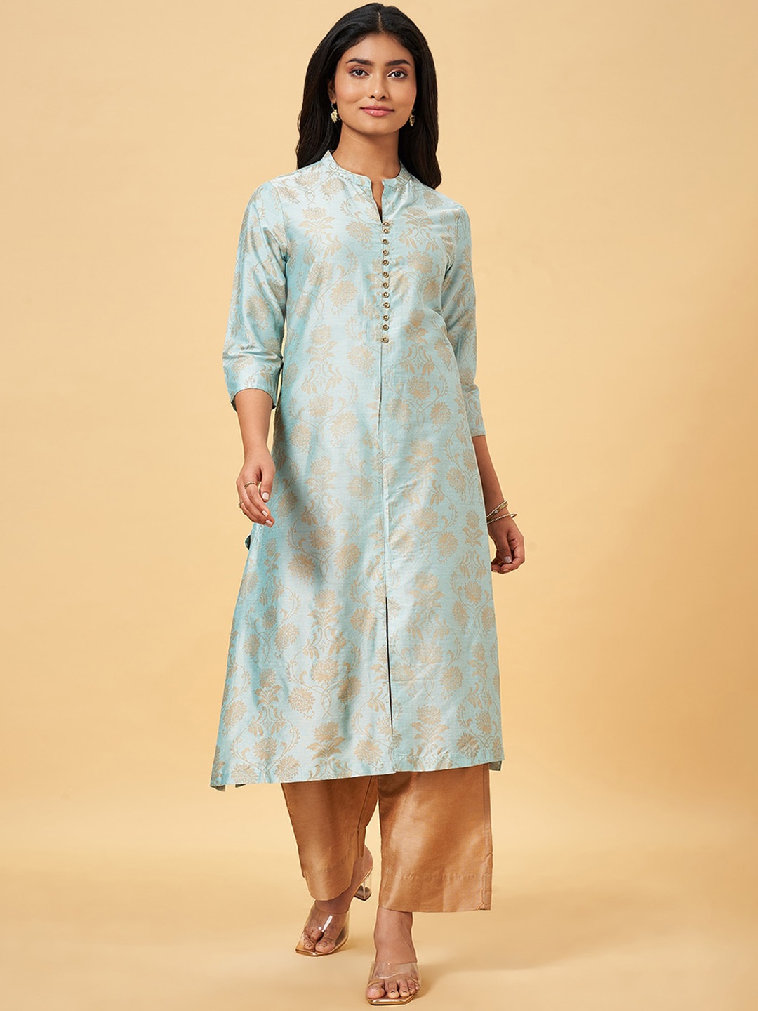 

RANGMANCH BY PANTALOONS Floral Woven Design Kurta, Turquoise blue