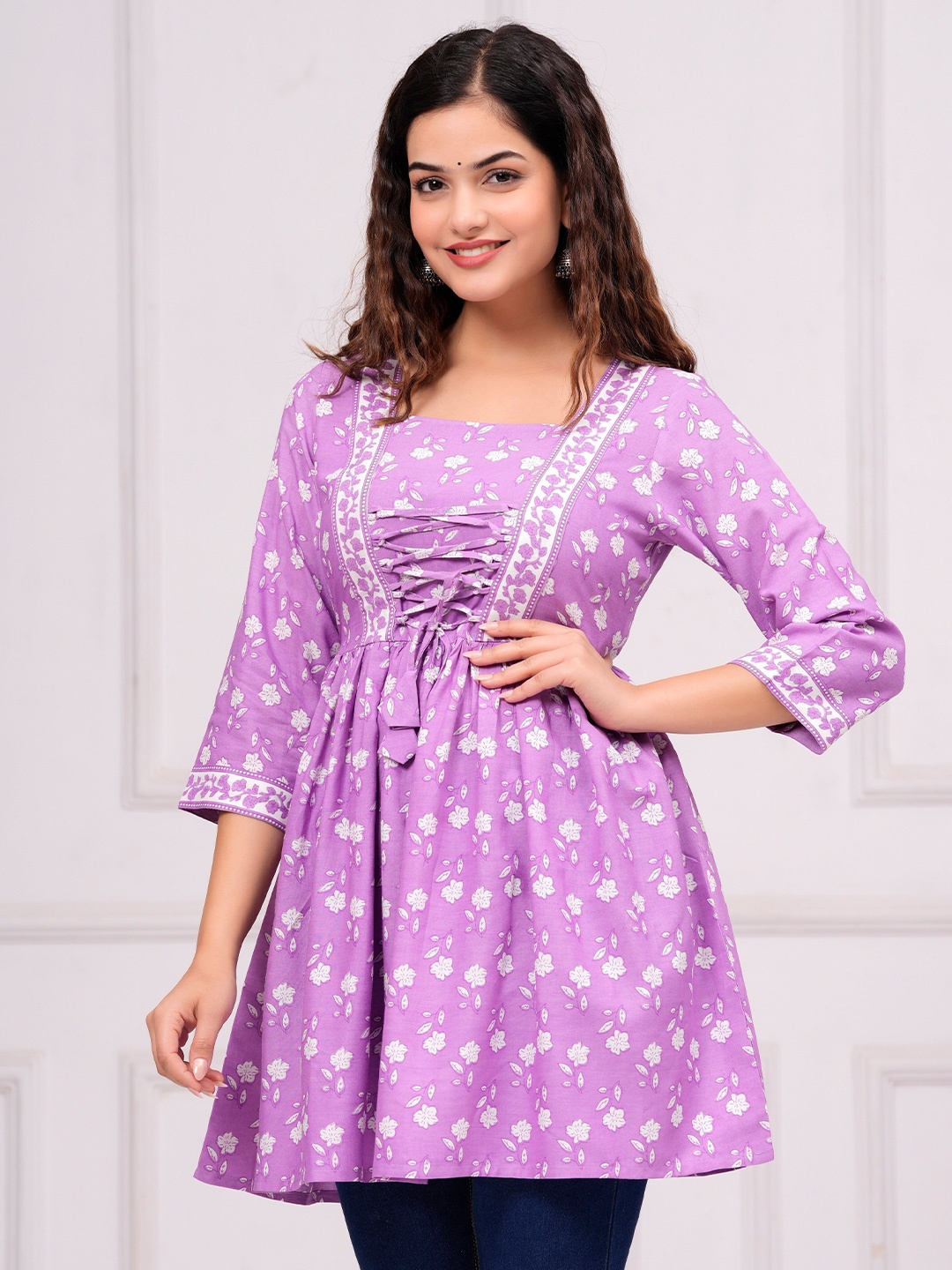 

INDIANIC Floral Printed V-Neck A-Line Kurti, Lavender