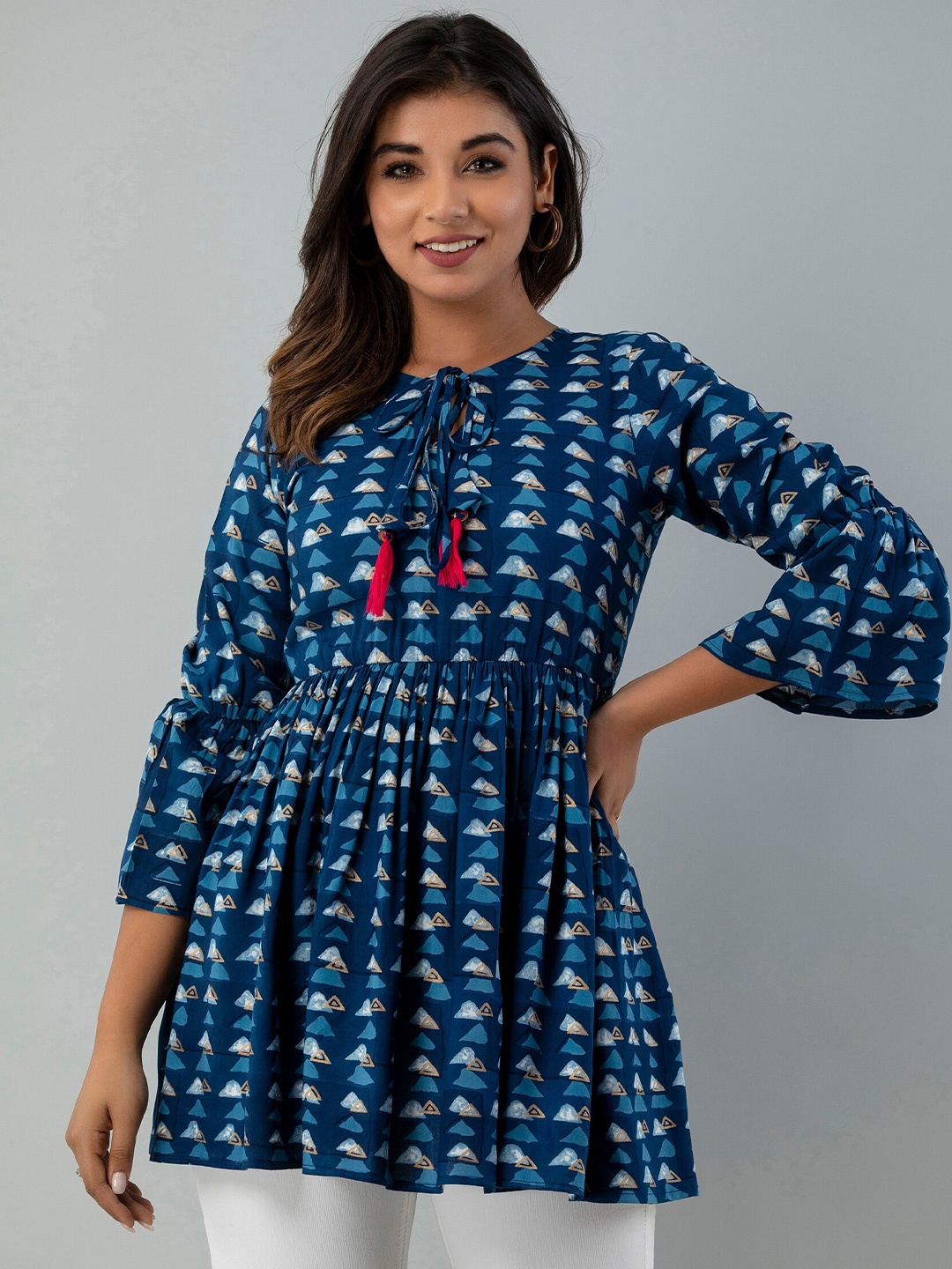 

INDIANIC Ethnic Motifs Printed Bell Sleeves Tie-Up Neck A-Line Kurti, Blue