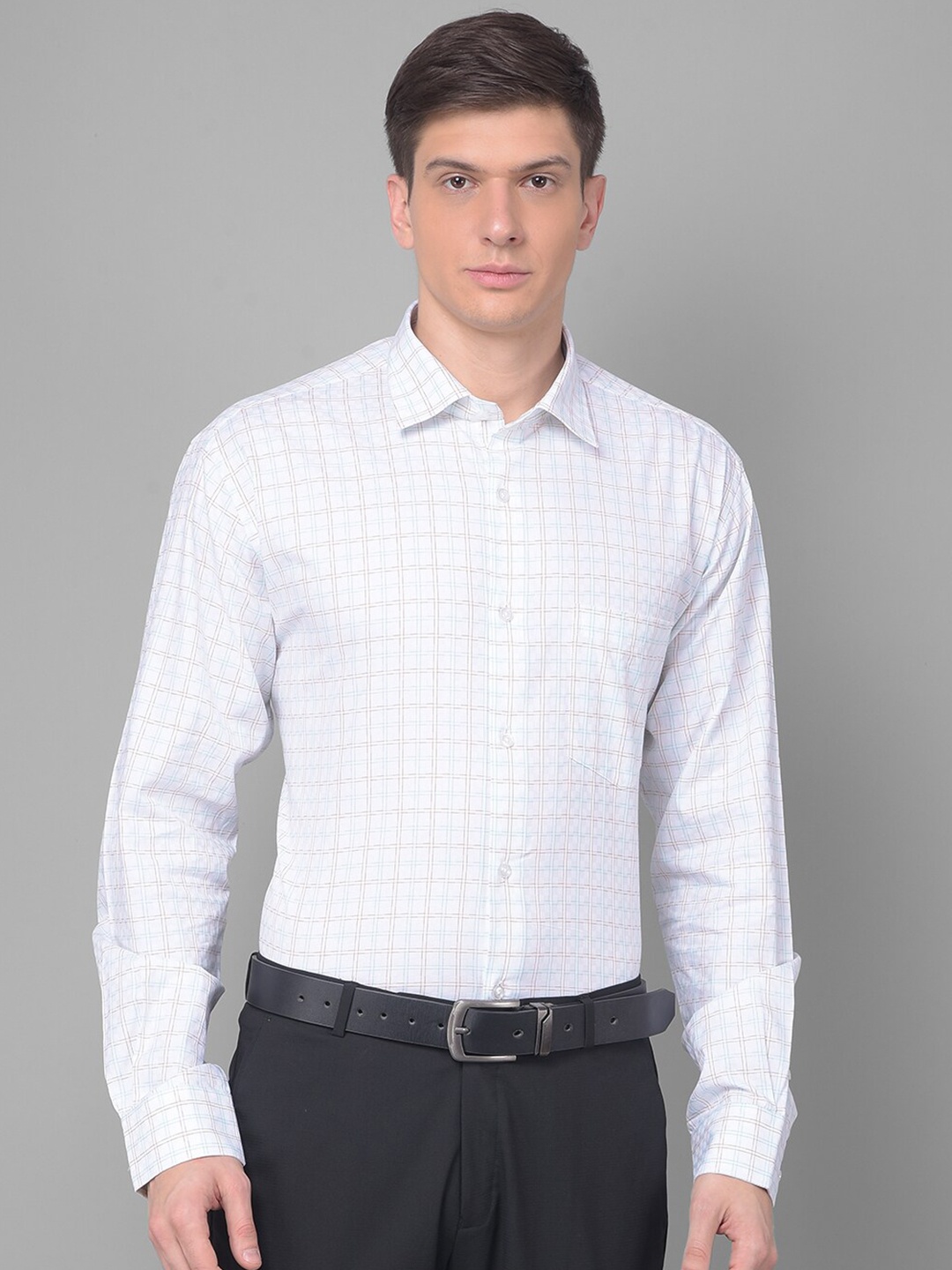 

COBB Grid Tattersall Checked Spread Collar Cotton Formal Shirt, Turquoise blue