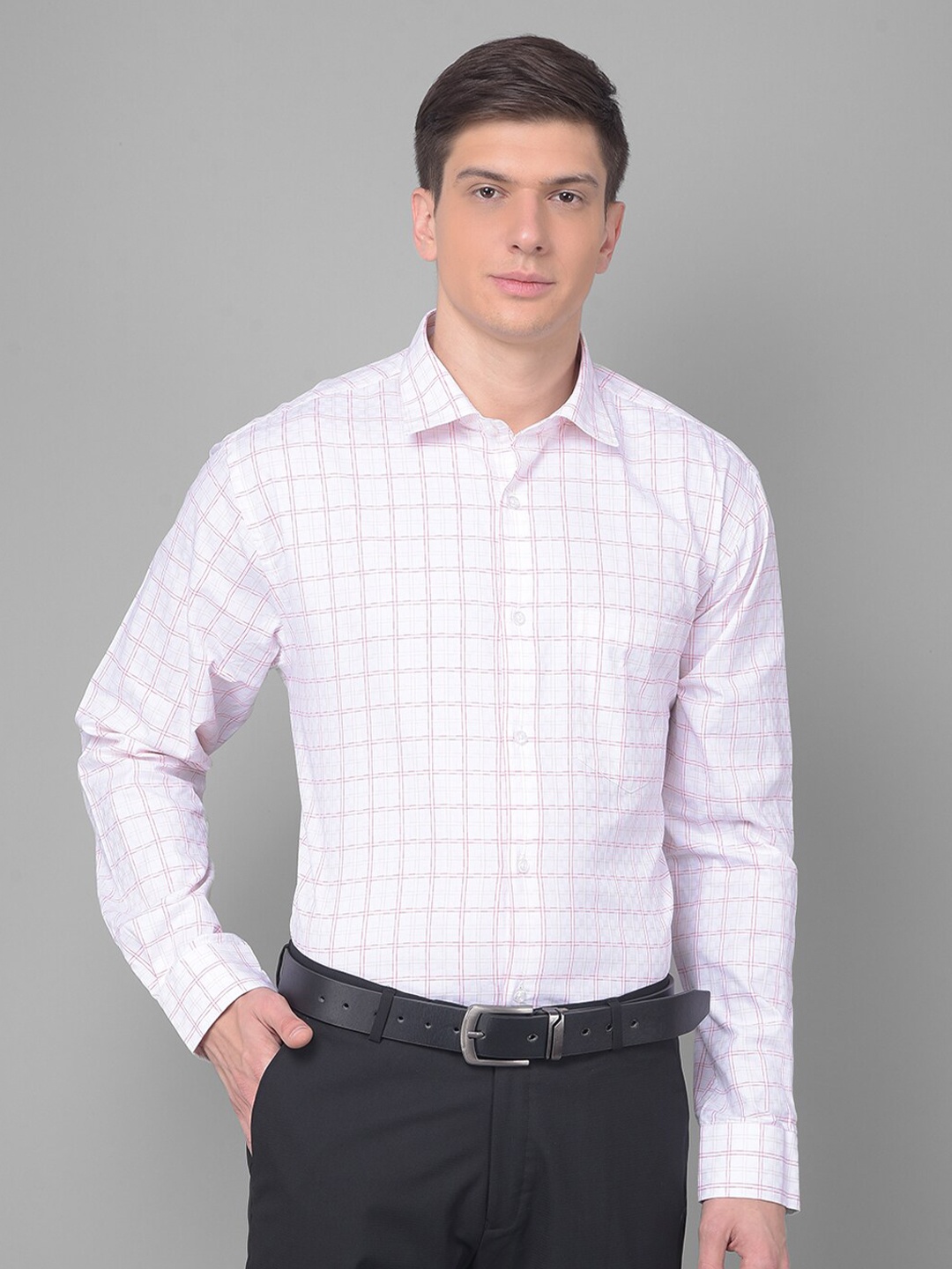 

COBB Grid Tattersall Checked Spread Collar Cotton Formal Shirt, White