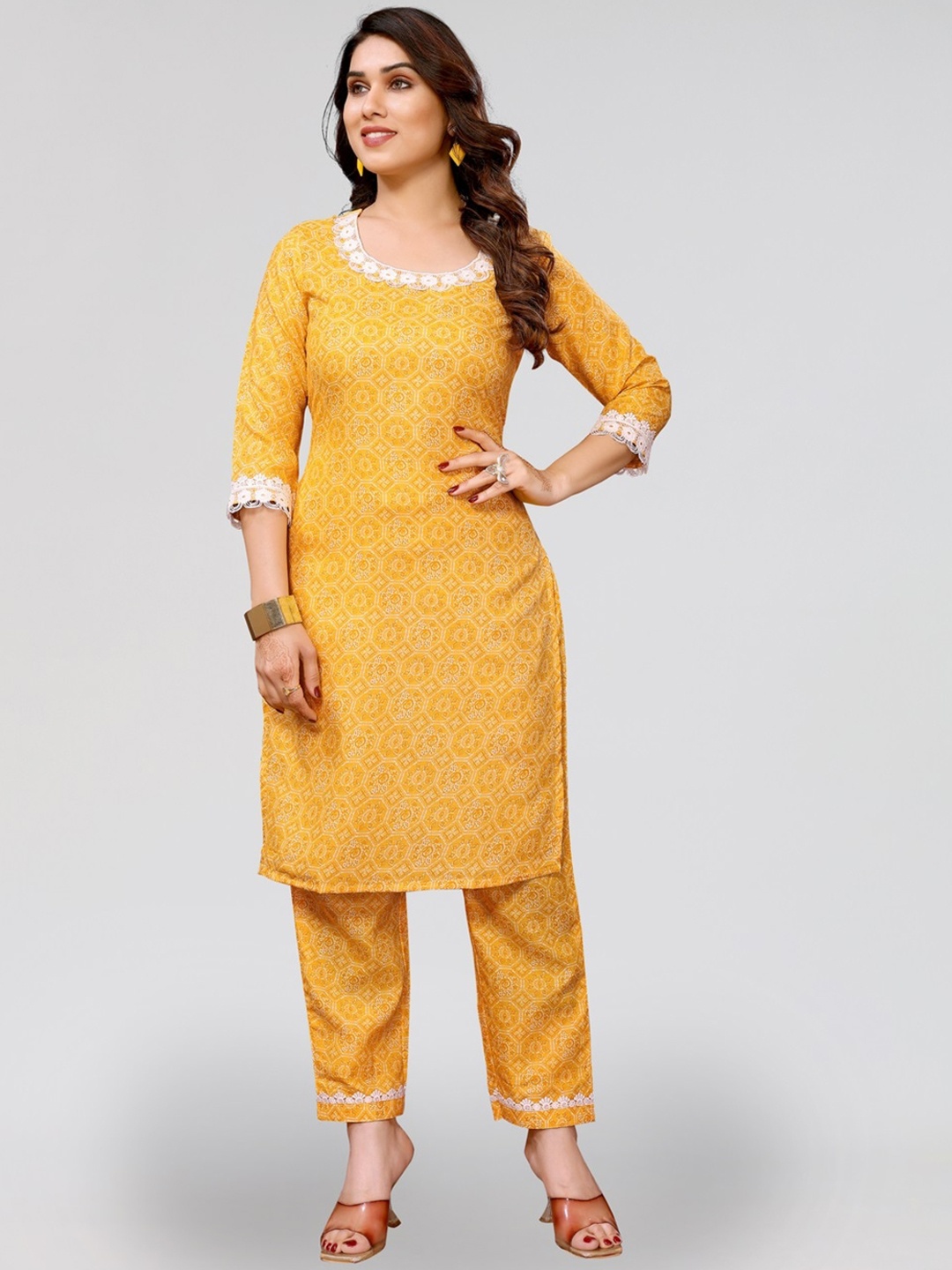 

PYARI - A style for every story Geometric Printed Lace Detail Straight Kurta With Trousers, Yellow