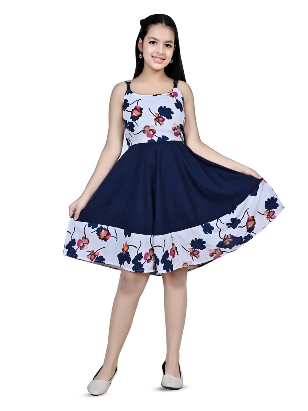 

BAESD Girls Floral Printed Shoulder Straps Cotton Fit & Flare Dress, Blue