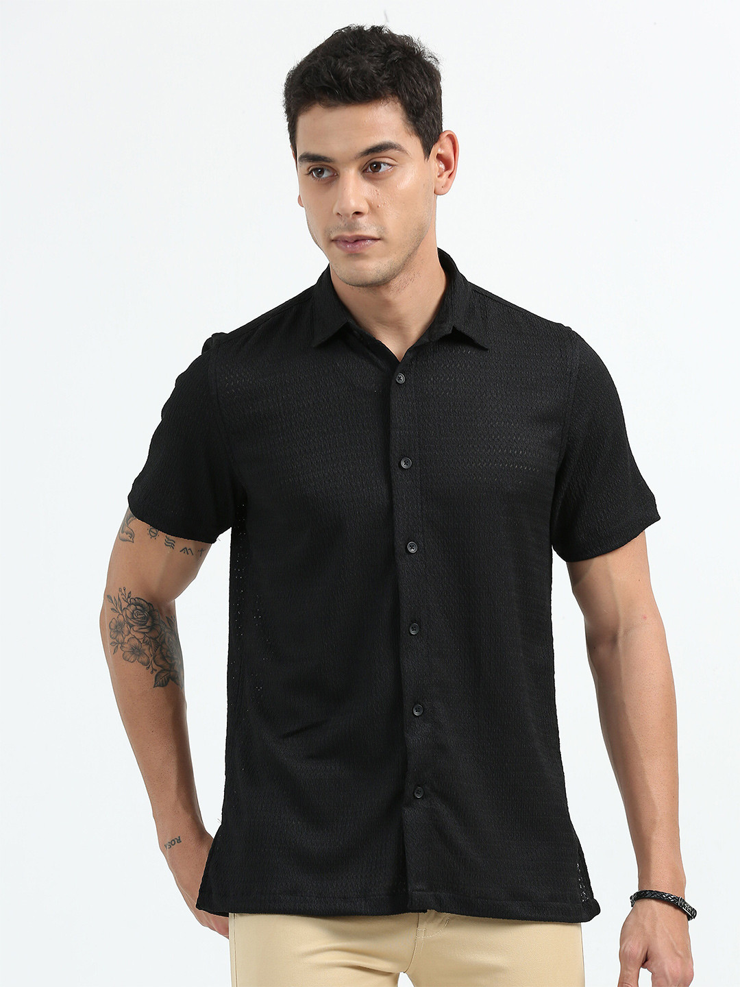 

RIDELIFE Original Slim Fit Textured Short Sleeves Cotton Casual Shirt, Black