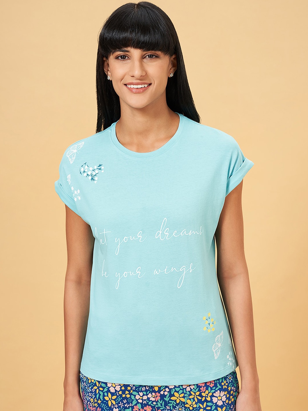 

Dreamz by Pantaloons Typography Printed Pure Cotton Lounge Tshirt, Blue