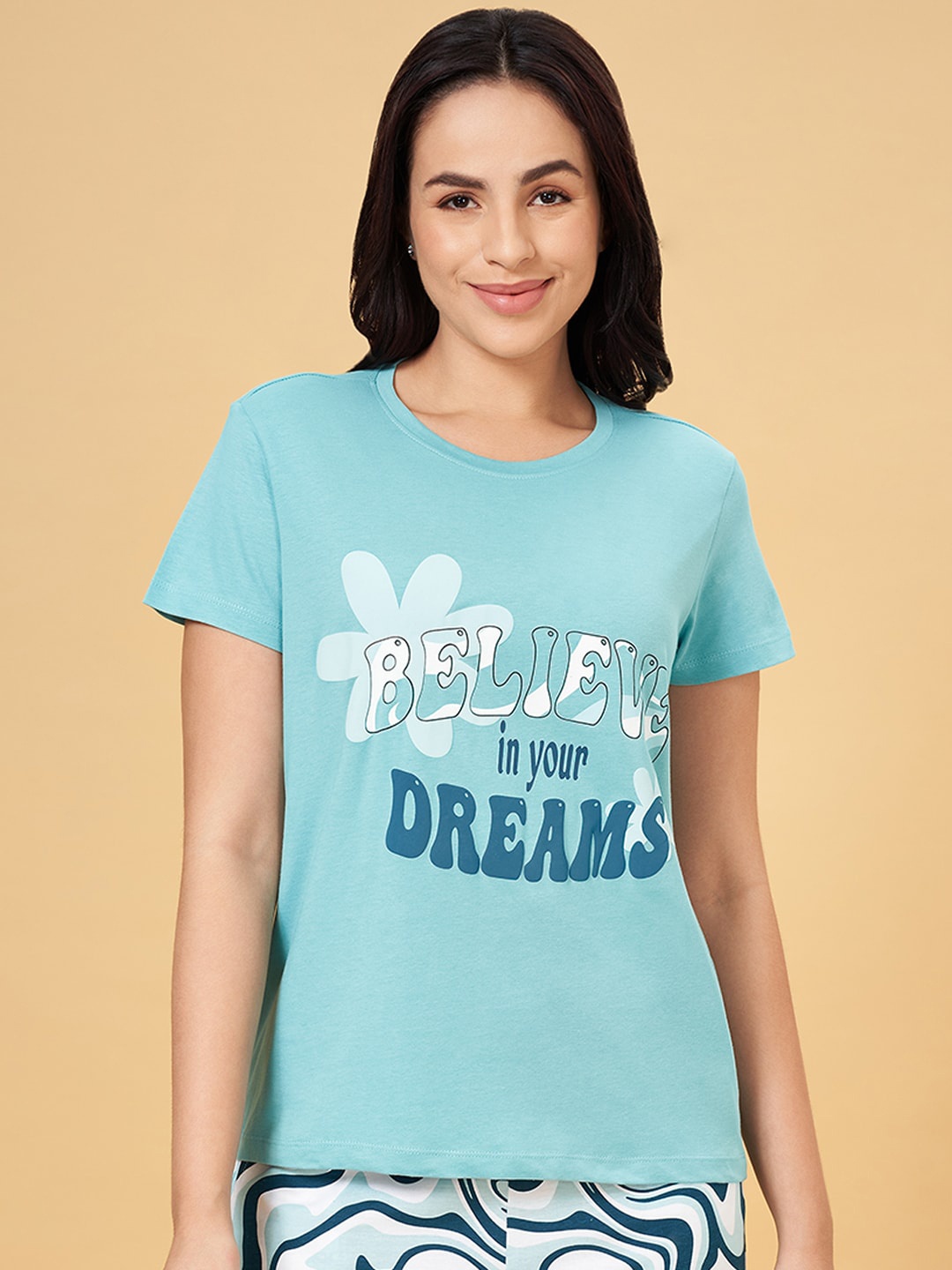 

Dreamz by Pantaloons Women Typography Printed Pure Cotton Lounge Tshirt, Blue