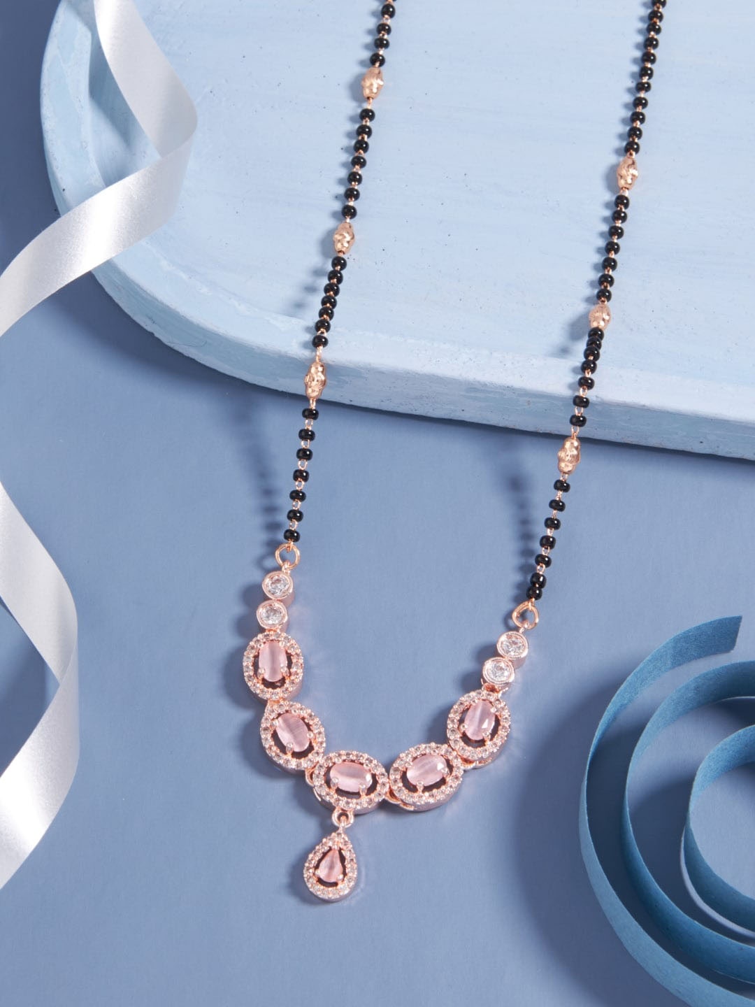 

SATJEWEL Rose Gold-Plated Artificial Stones and Beads Mangalsutra