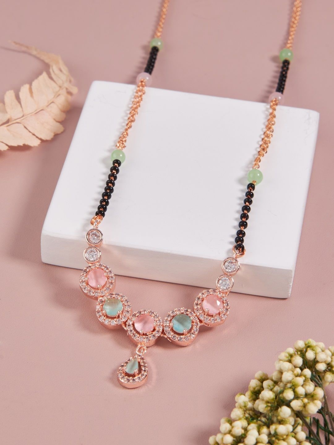 

SATJEWEL Rose Gold-Plated Artificial Stones and Beads Mangalsutra