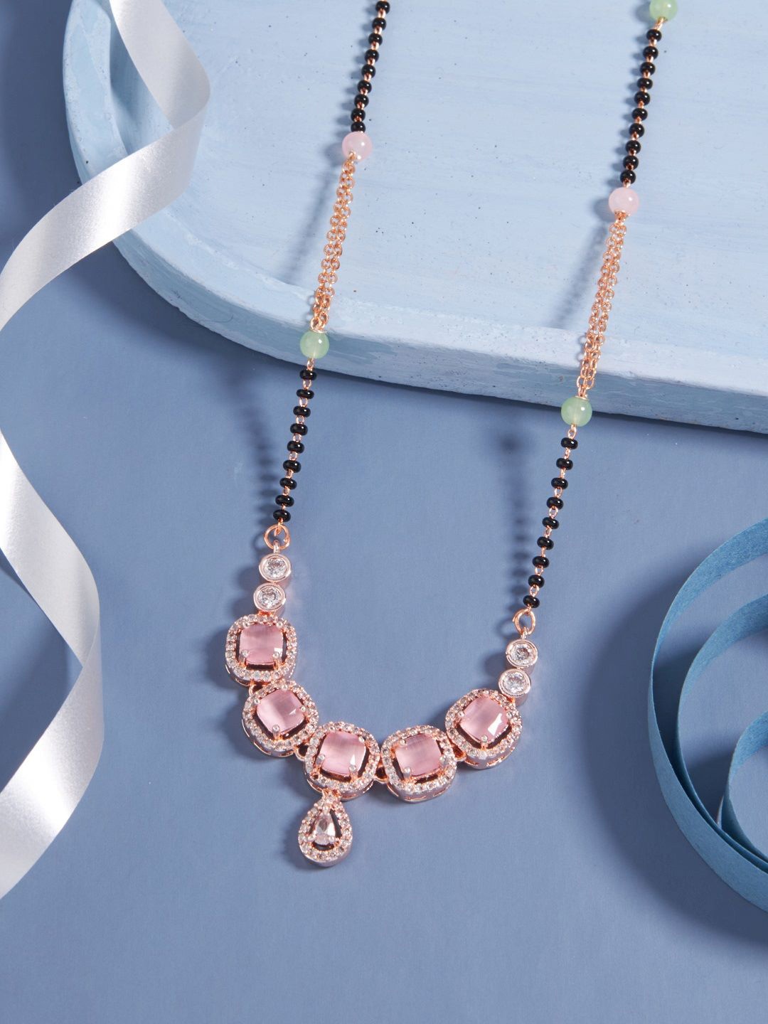 

SATJEWEL Rose Gold-Plated Artificial Stones and Beads Mangalsutra