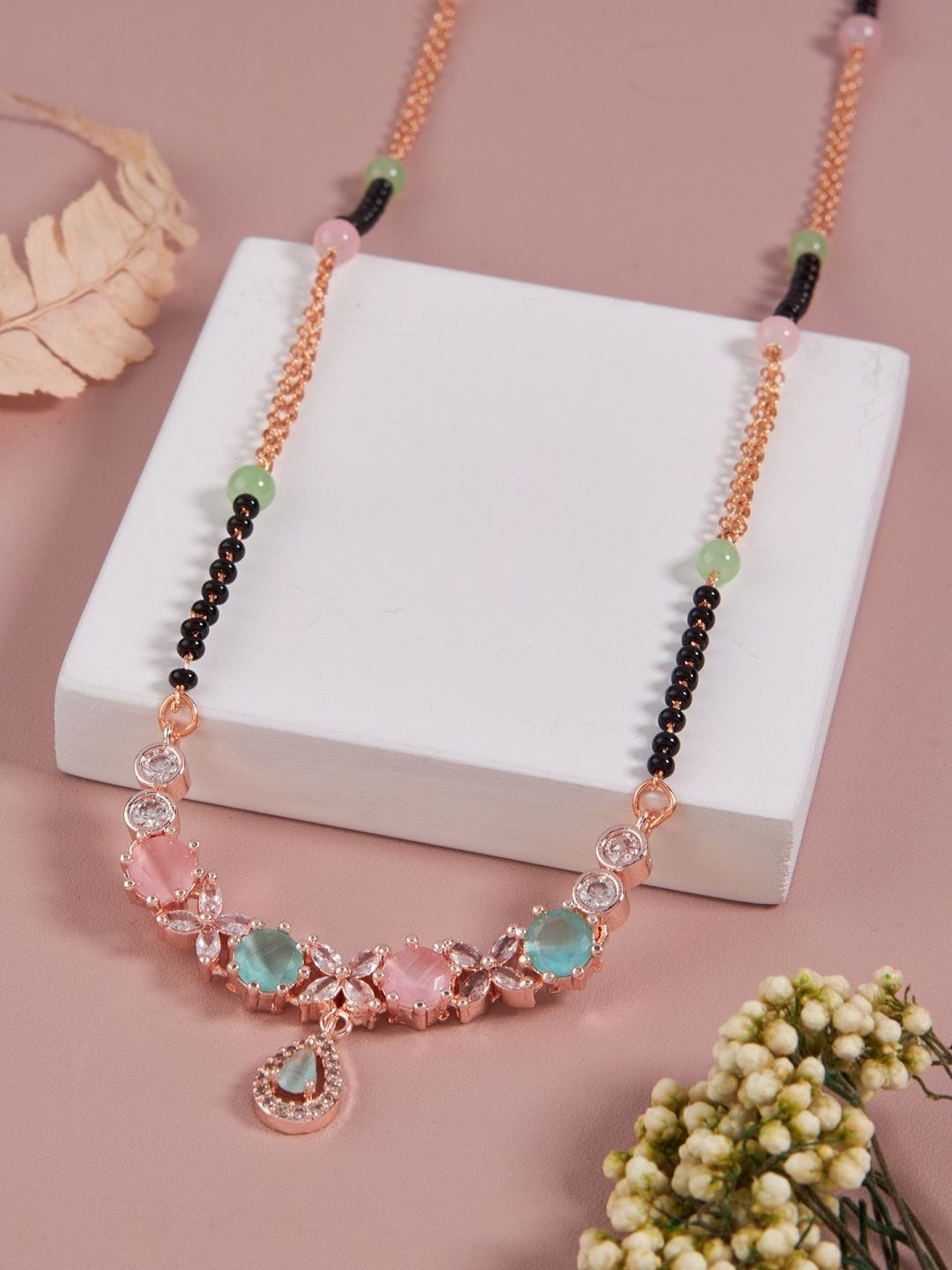 

SATJEWEL Rose Gold-Plated Artificial Stones and Beads Mangalsutra