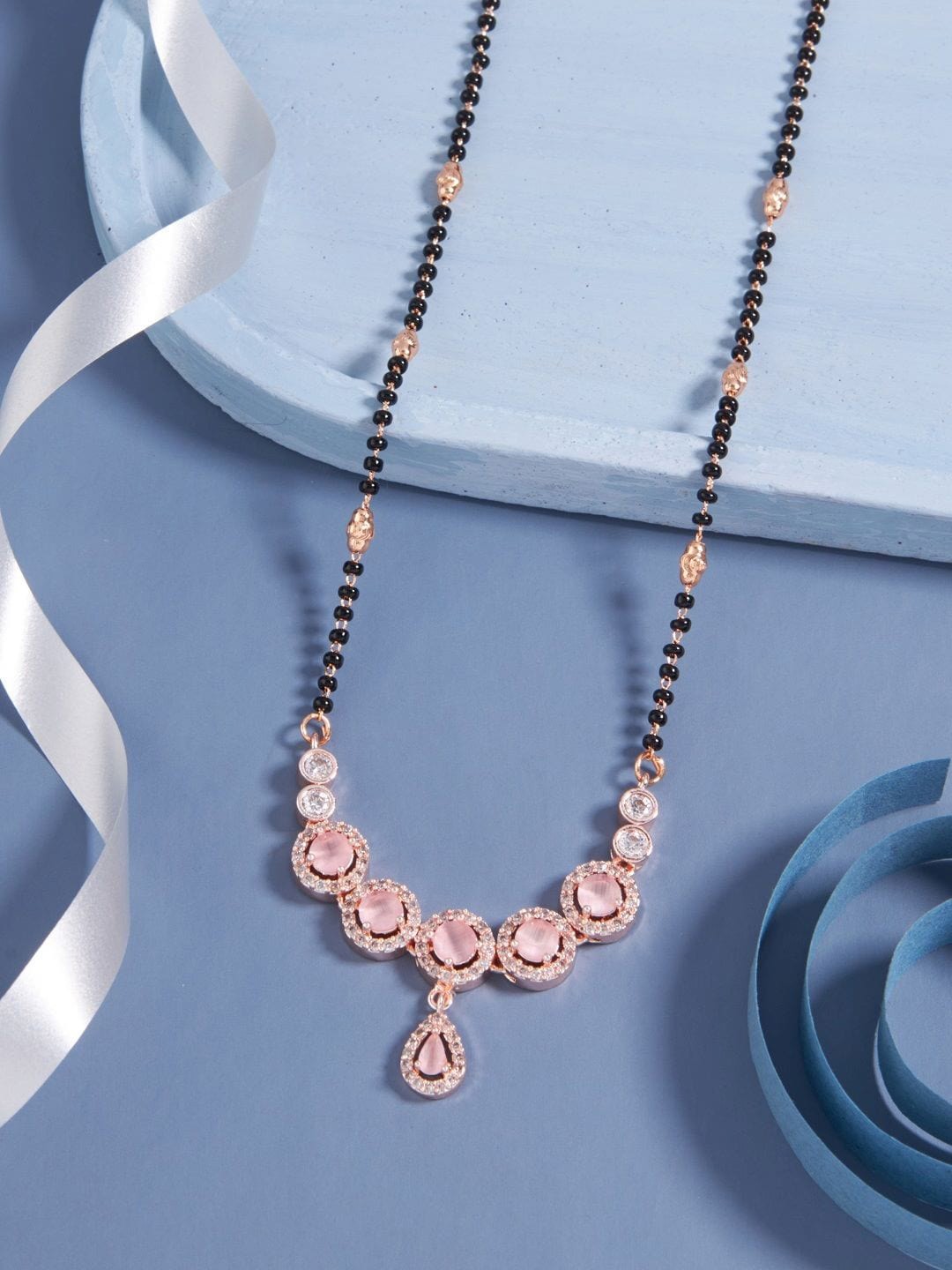 

SATJEWEL Rose Gold-Plated Artificial Stones and Beads Mangalsutra