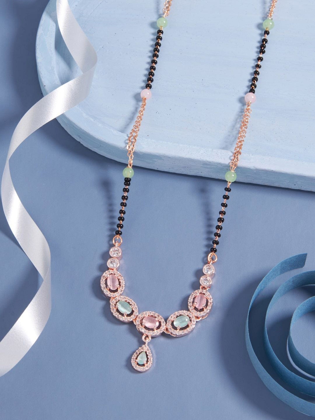 

SATJEWEL Rose Gold-Plated Artificial Stones and Beads Mangalsutra