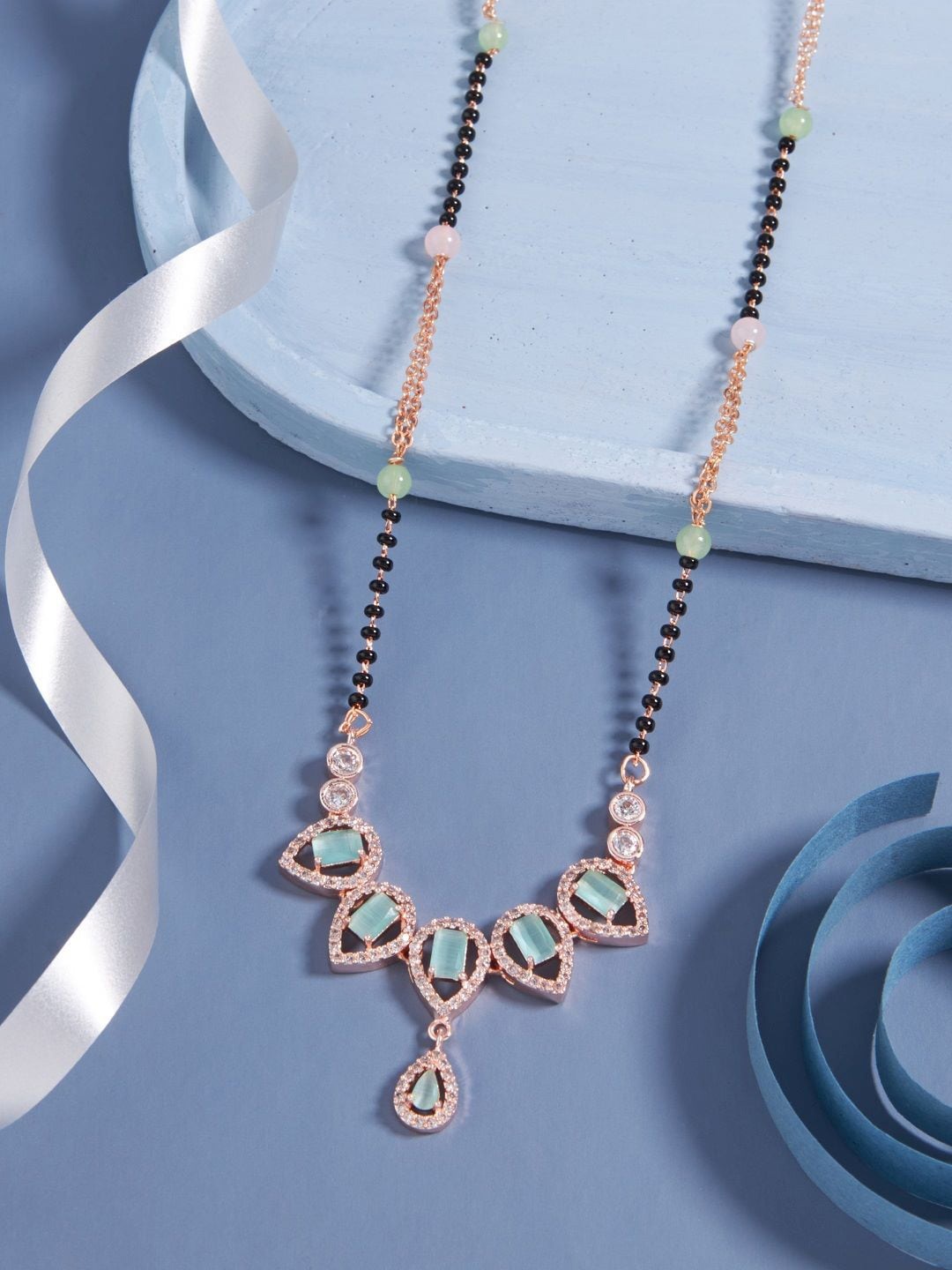 

SATJEWEL Rose Gold-Plated Artificial Stones and Beads Mangalsutra