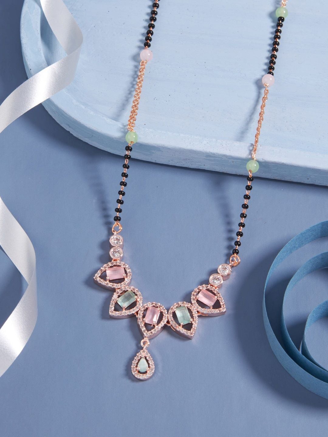 

SATJEWEL Rose Gold-Plated Artificial Stones and Beads Mangalsutra